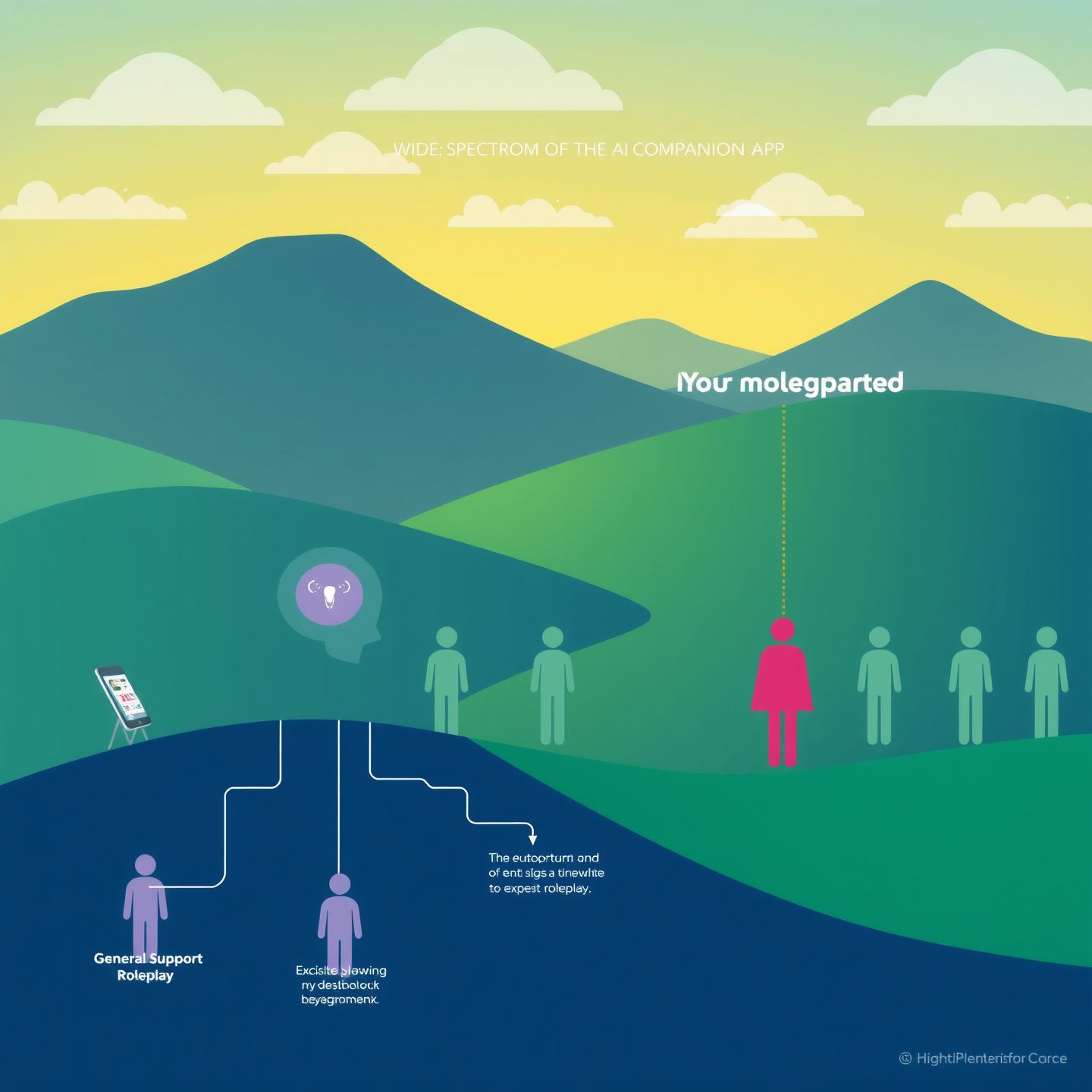 A digital landscape illustrating a wide spectrum of AI companion apps from general support to explicit roleplay, with data streams flowing into stylized human figures, symbolizing the psychological motivations of user engagement