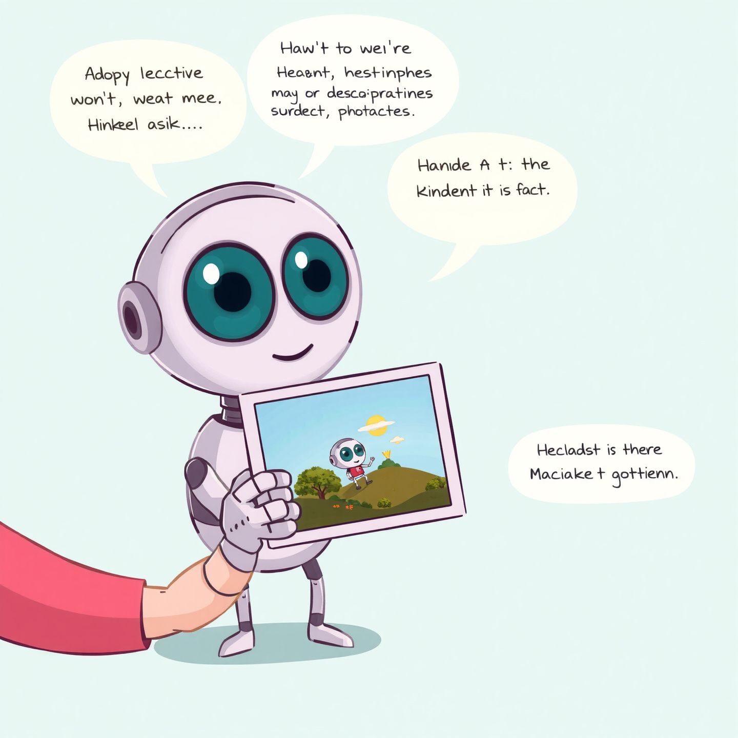 A whimsical illustration of an AI character with large perceptive eyes interpreting a photograph held by a human user with thought bubbles showing analysis description and content generation results in a friendly and helpful digital art style