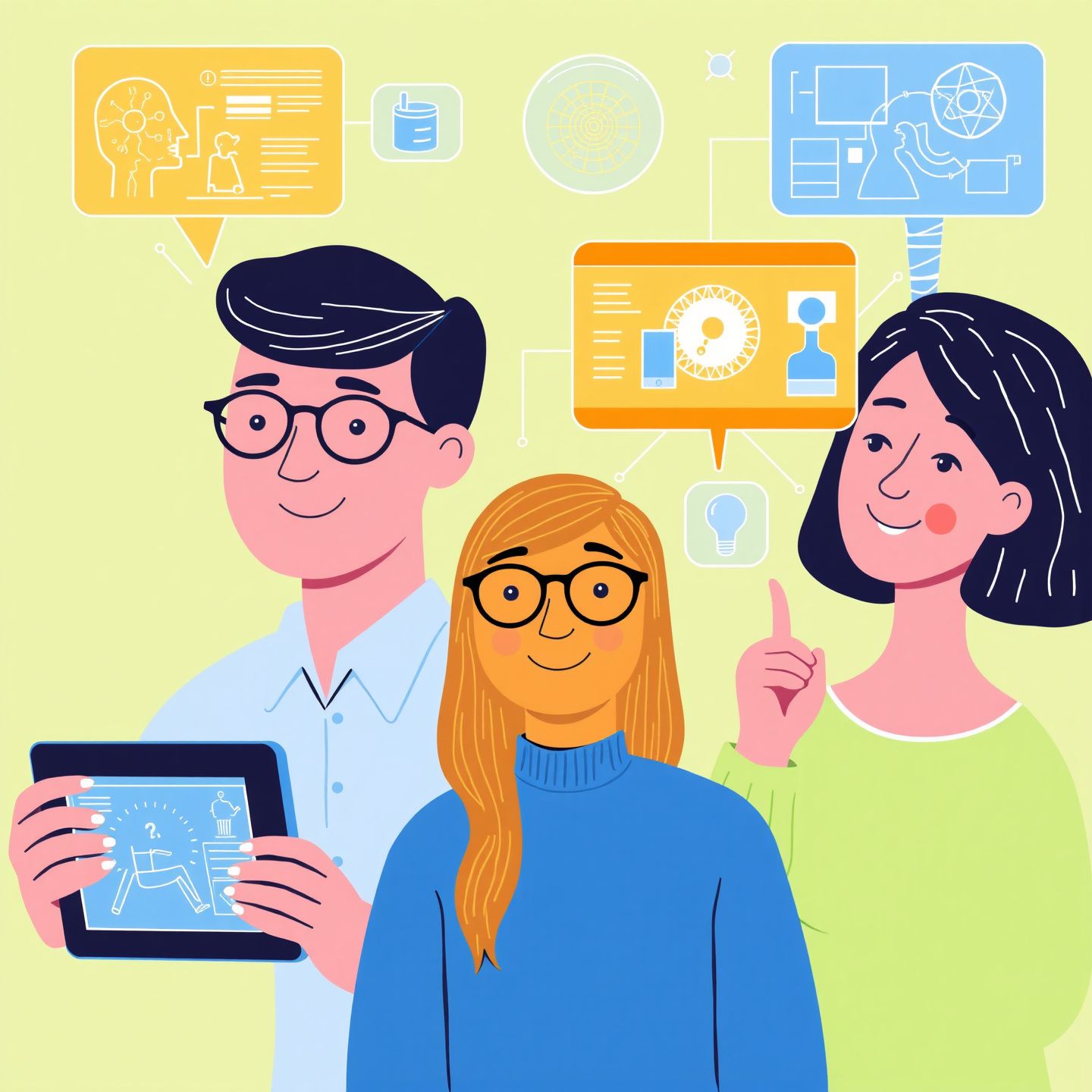 A diverse group of people including a student a professional and a curious individual interacting with various AI interfaces displaying image analysis insights and creative outputs symbolizing accessibility and empowerment in a bright and optimistic illustration style