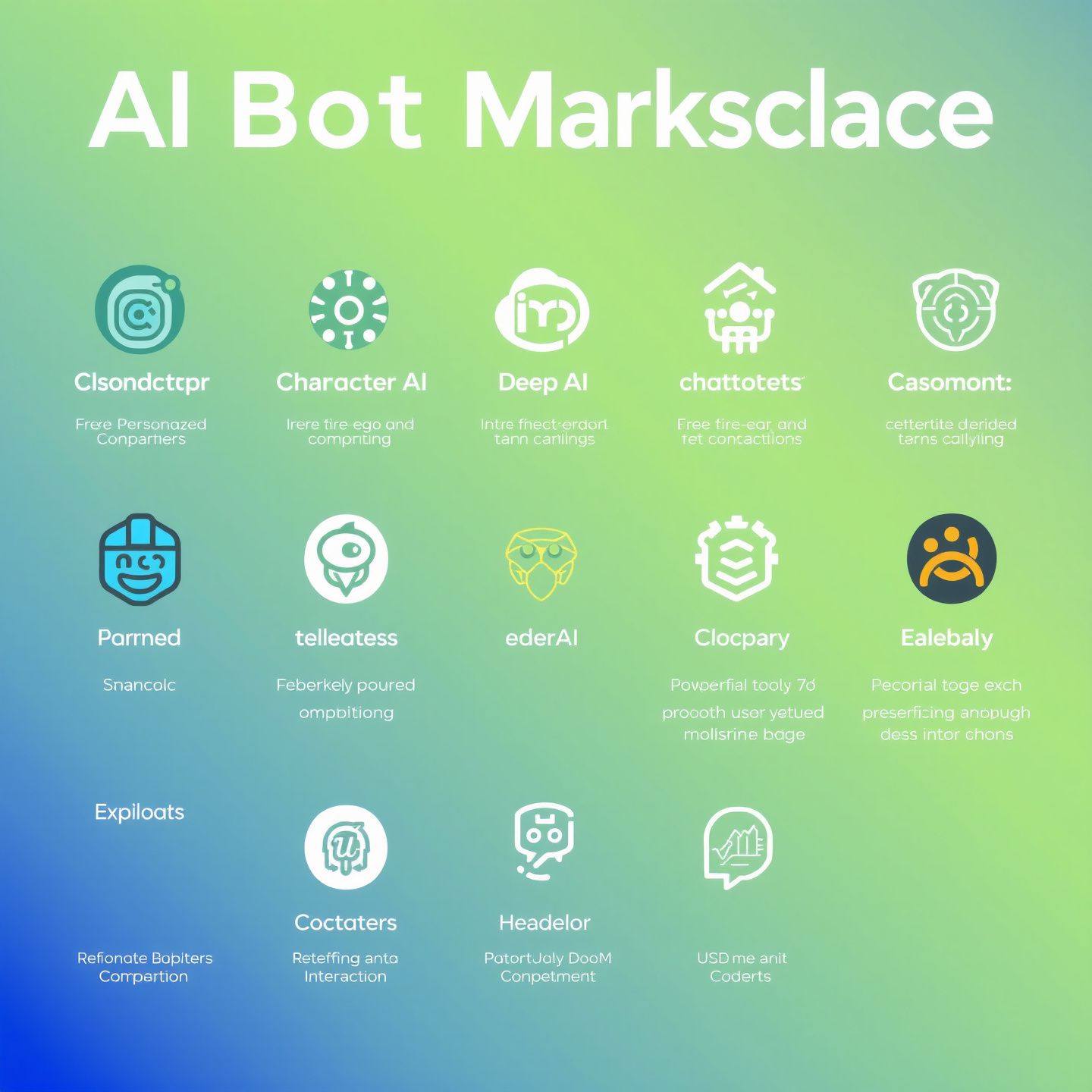 A vibrant digital marketplace showcasing various AI chatbot platforms with distinct logos and features like Character AI DeepAI and HIXAI each representing personalized companions and powerful analytical tools redefining user interaction with image capabilities
