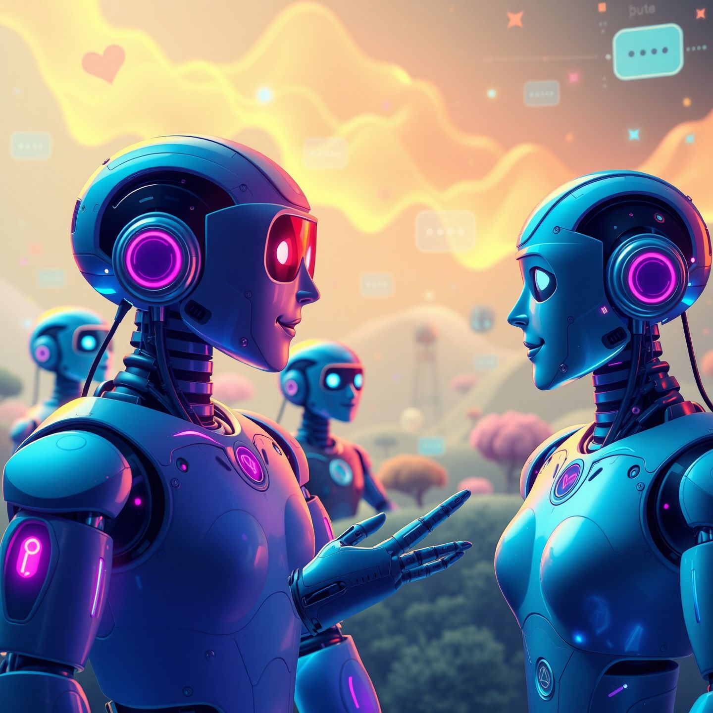 A vibrant digital landscape with diverse AI chatbot interfaces representing creative freedom and unrestricted interaction where happy users engage with AI companions in a futuristic setting no filters