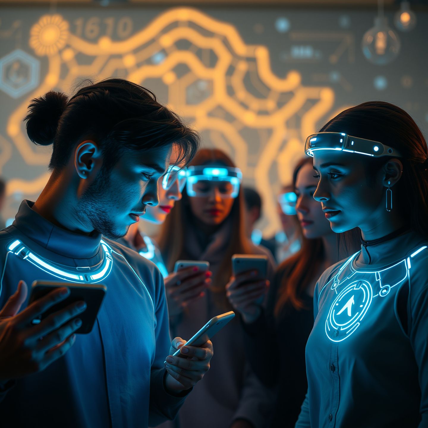 A futuristic scene showing diverse individuals interacting with glowing AI interfaces, representing digital intimacy and connection, with subtle visual cues suggesting ethical questions and a new frontier in human-AI relationships