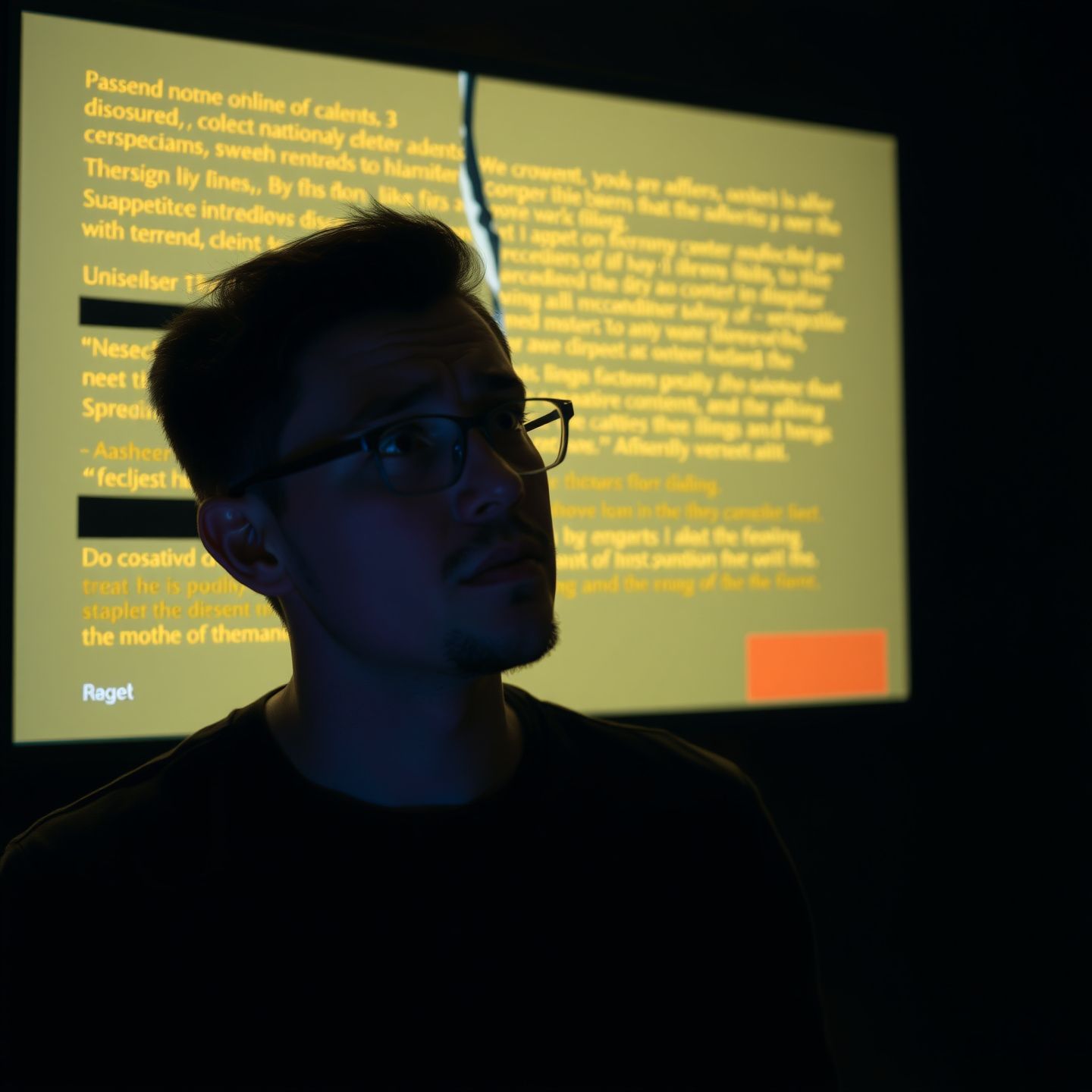 A user looking frustrated at a glowing digital screen showing broken narrative lines and censored text symbolizing content filters disrupting creative storytelling and role playing with AI