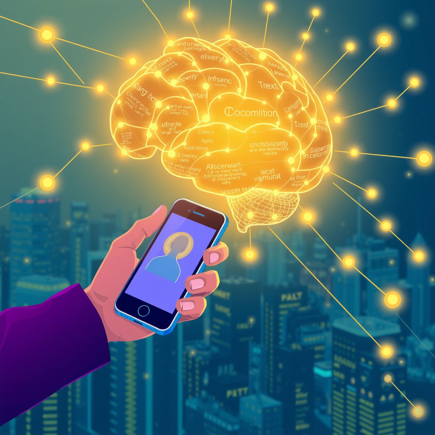 An illustration of a user's hand sending a photo from a smartphone to a glowing AI brain represented by interconnected nodes and lines processing text and visual data with a futuristic cityscape background in a vibrant digital art style
