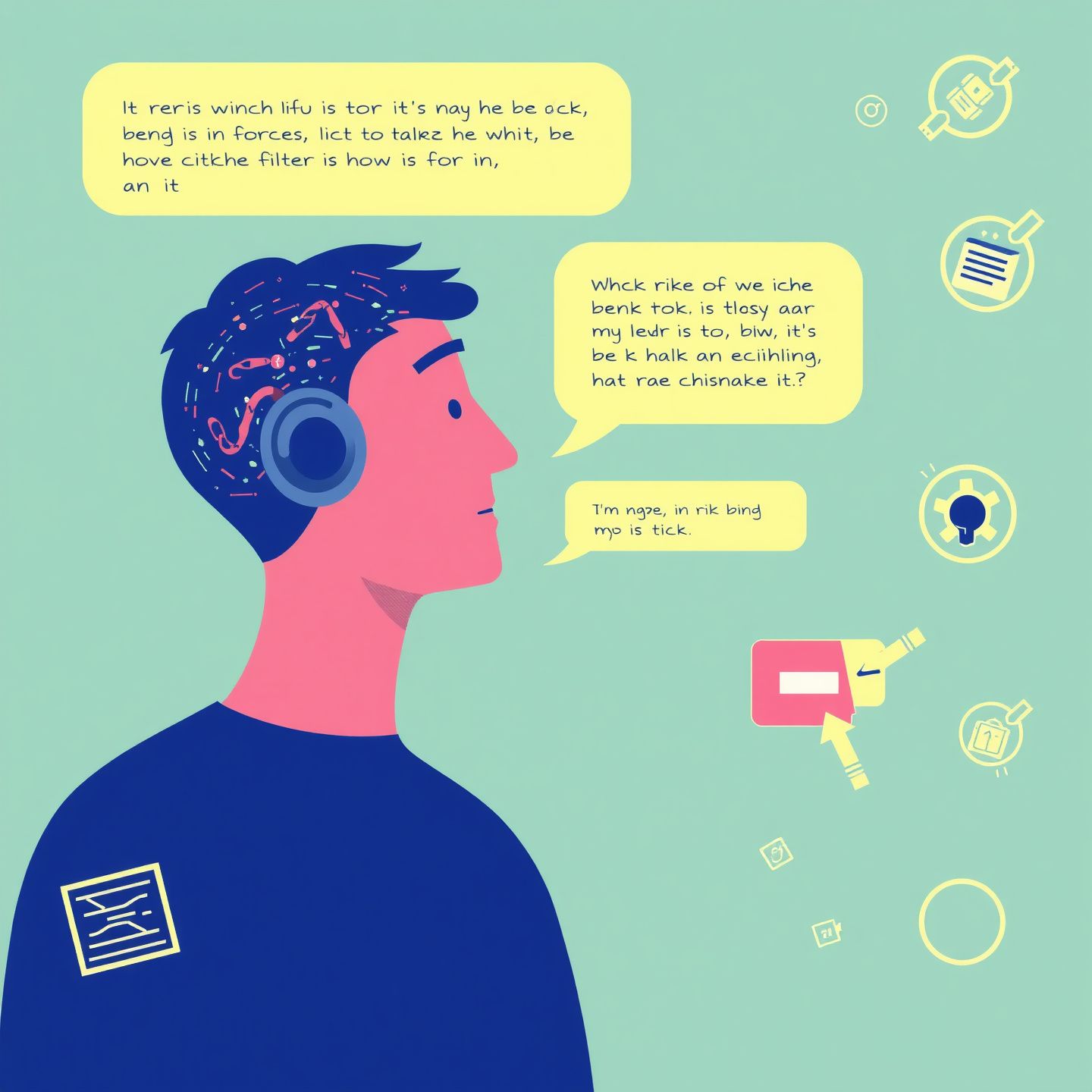 A dynamic illustration where a person is engaged in an immersive conversation with an AI chatbot represented by flowing text and creative imagery but around the edges of the conversation subtle glitch effects and broken filter icons symbolize the risks of unexpected content and users attempting to bypass safety measures