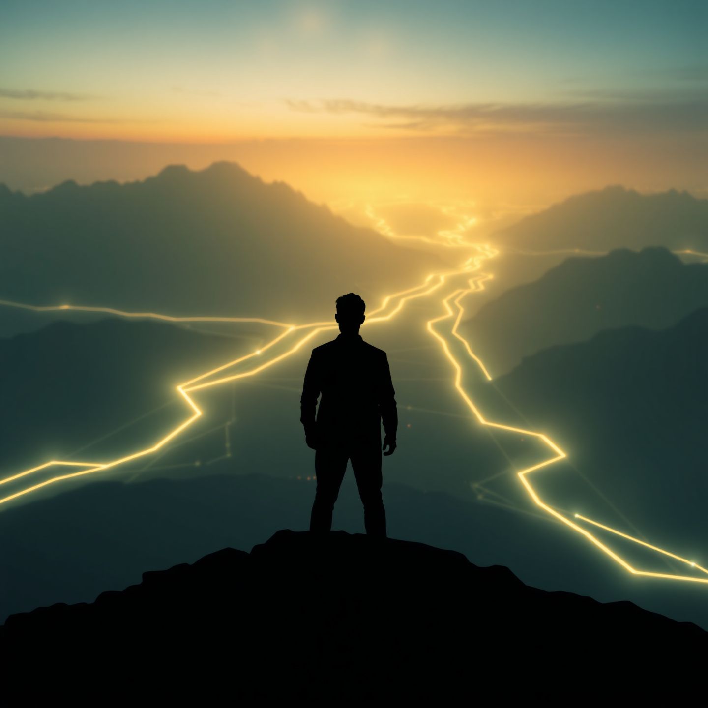 A silhouette of a person standing at the edge of a vast digital landscape with glowing pathways representing uninhibited interaction and creative latitude pushing the boundaries of AI capabilities