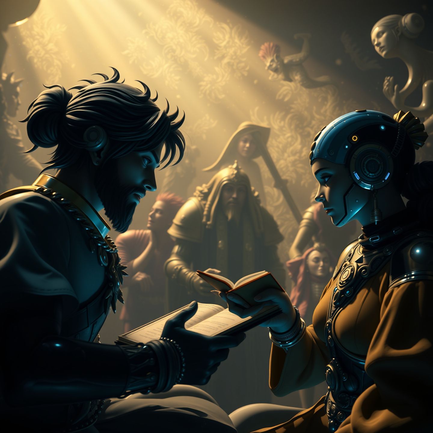 An immersive scene where users are deeply engaged in collaborative storytelling with AI characters showing rich narrative elements intricate character designs and a sense of shared creative world-building