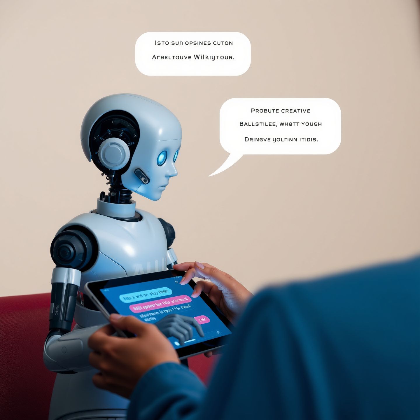 A person interacting with an AI chatbot on a tablet, symbolizing the desire for an AI without filters and unrestricted creative freedom in conversation, exploring complex themes without digital barriers