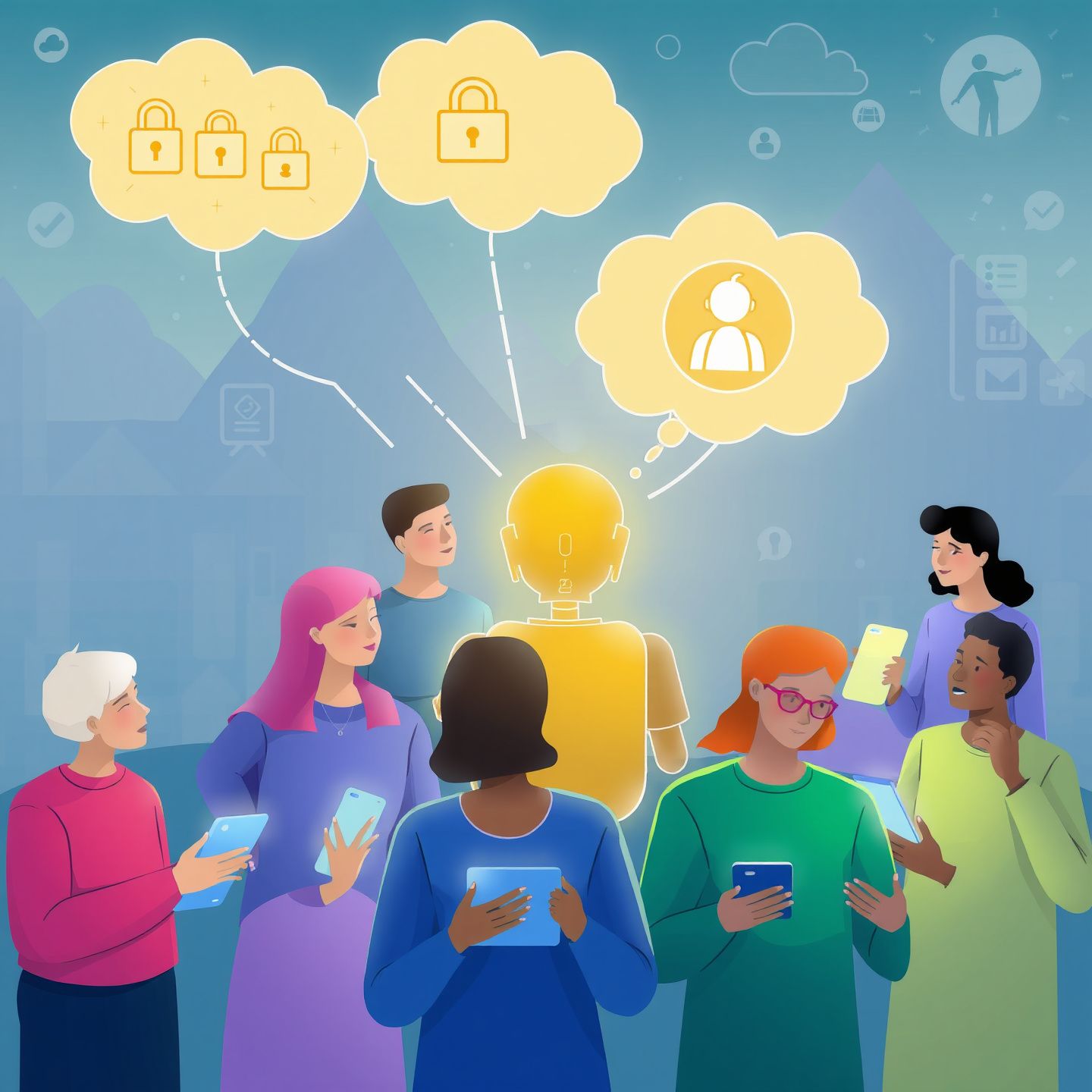 An illustrative scene depicting a diverse group of users interacting with a glowing AI chatbot interface on various devices with transparent thought bubbles above their heads showing symbols of data privacy locks content filters and a child icon suggesting parental concerns all against a background of rapidly evolving digital landscapes in a vibrant illustration style