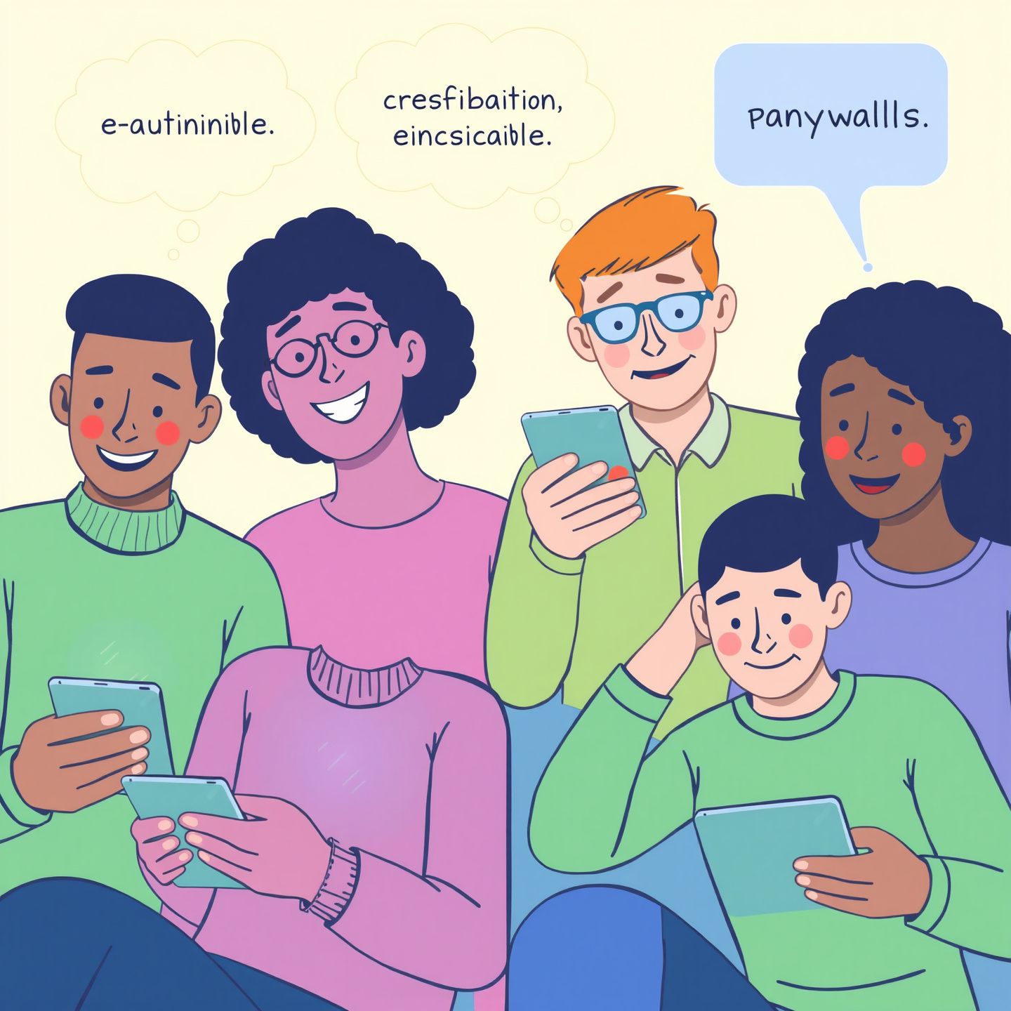 A diverse group of users interacting with AI companions on devices showing joyful engagement and frustrated expressions with thought bubbles indicating personalization versus repetition and paywalls
