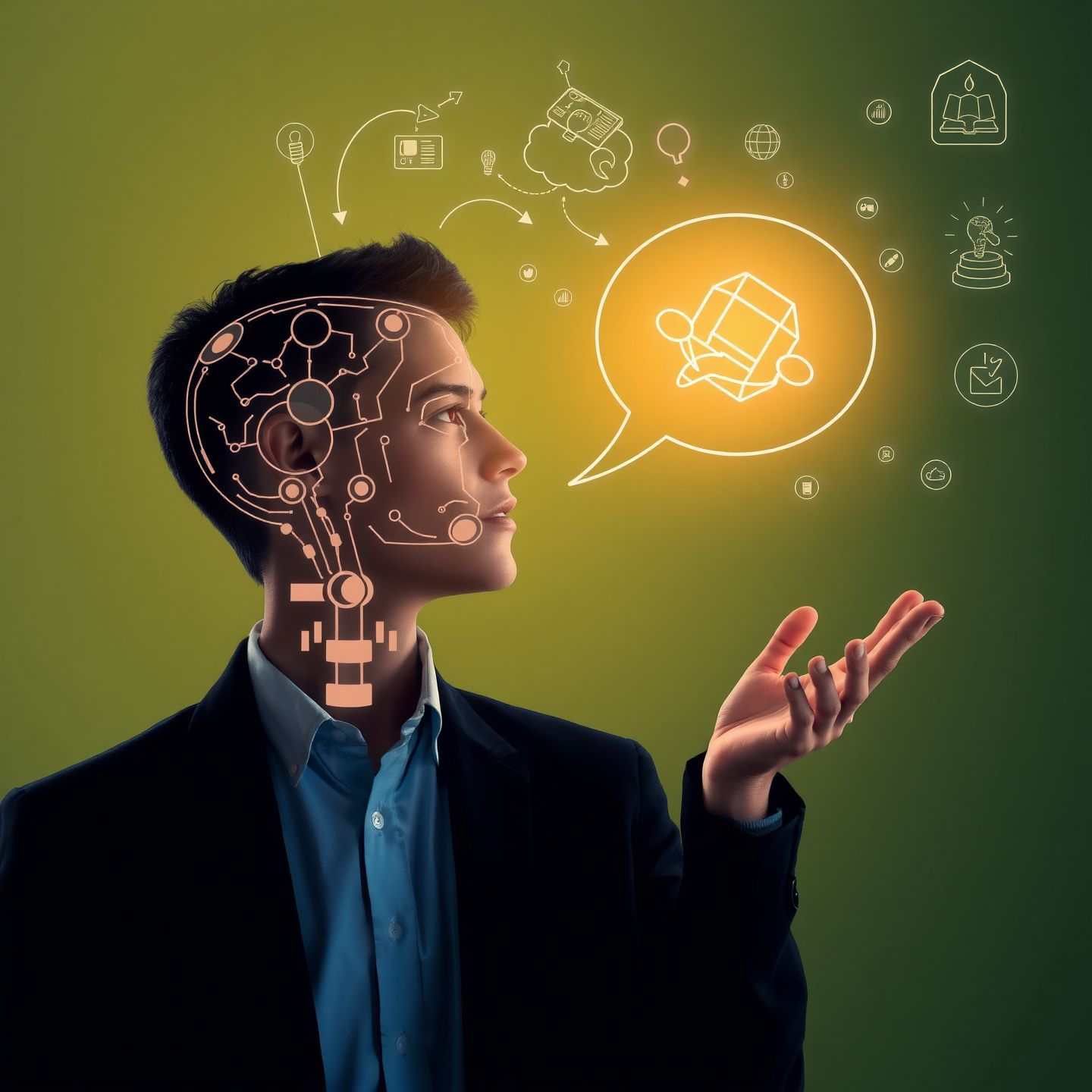 A person interacting with an AI interface depicting flowing ideas and open dialogue symbolizing unrestricted communication creative freedom and exploration of complex topics in a digital world