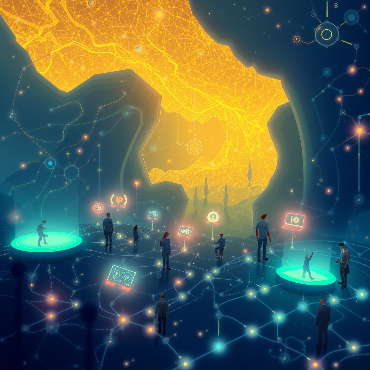 A futuristic digital landscape with neural networks and diverse users interacting with glowing interfaces, symbolizing AI-driven creative freedom and unrestricted digital exploration, in an abstract and imaginative style