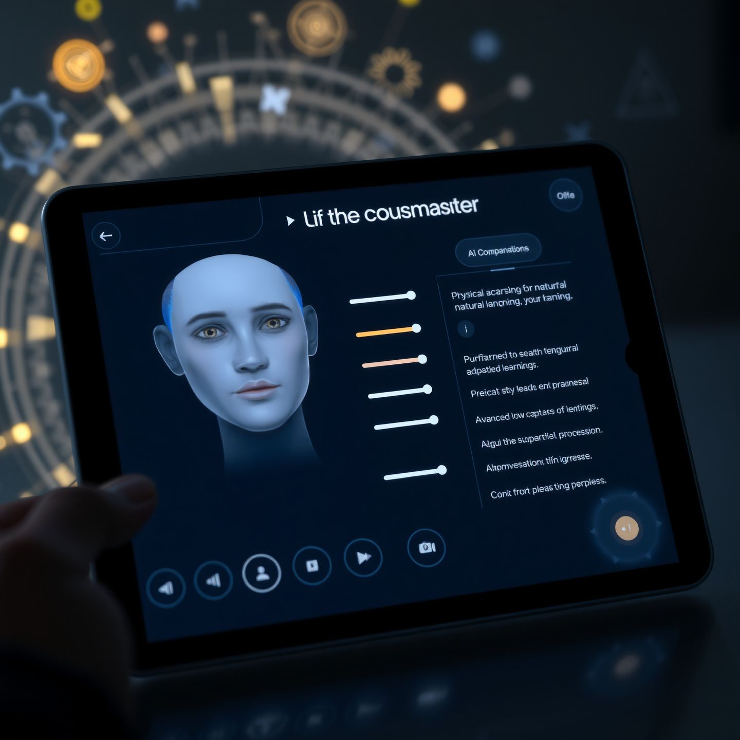 A user designing their ideal AI companion on a tablet screen with sliders for physical appearance and personality traits surrounded by glowing digital elements representing advanced natural language processing and adaptive learning