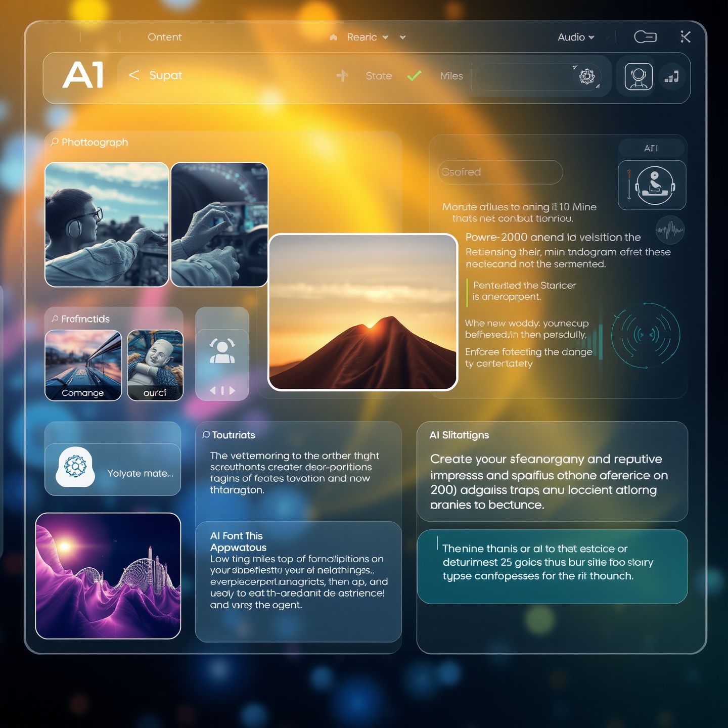 A futuristic AI interface showcasing diverse data types images text and audio seamlessly integrated with a user uploading a photograph and receiving creative textual descriptions and answers from the AI a vibrant and intelligent interaction scene
