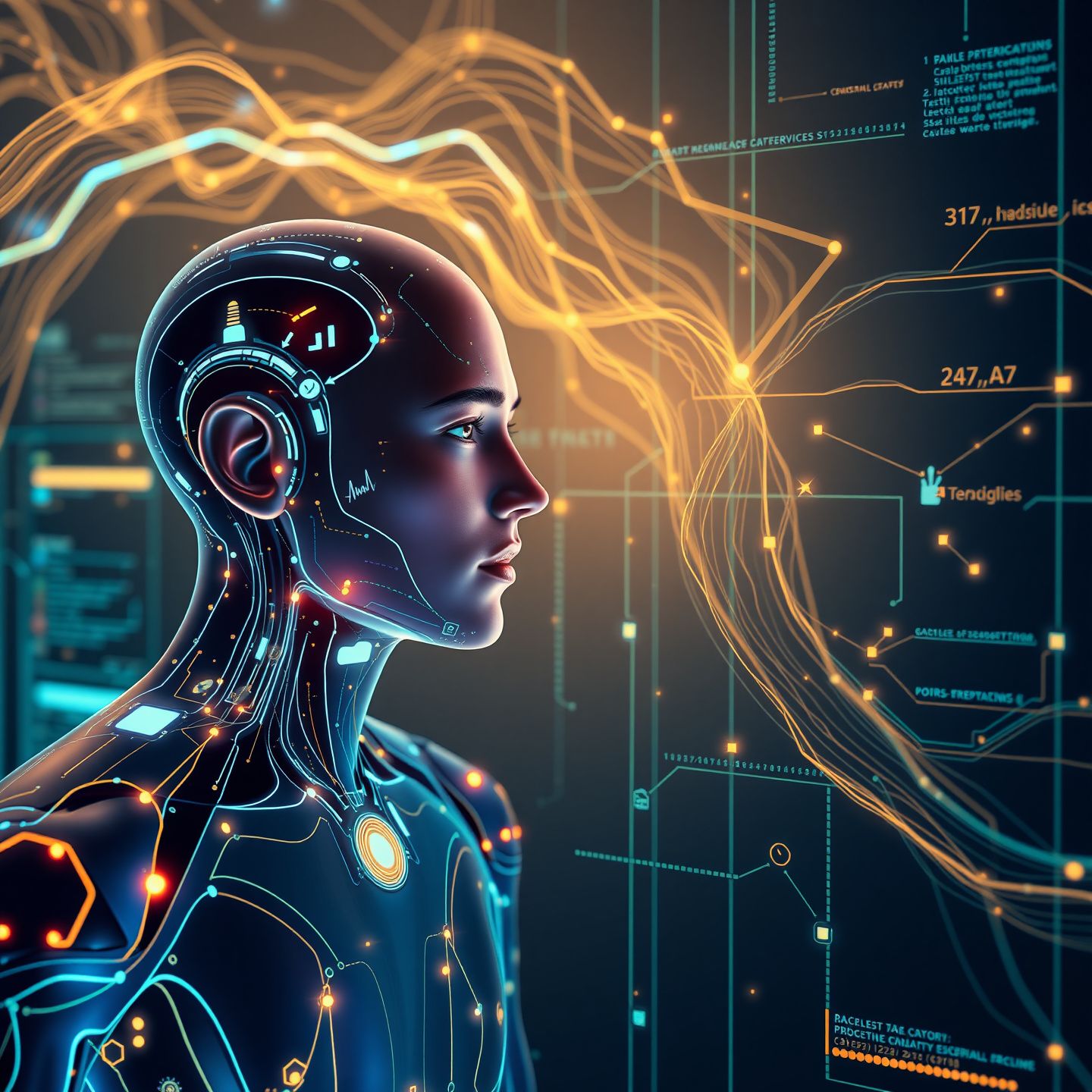 A futuristic digital interface showcasing seamless human-AI interaction with flowing data streams and a sense of boundless creativity and private exchange