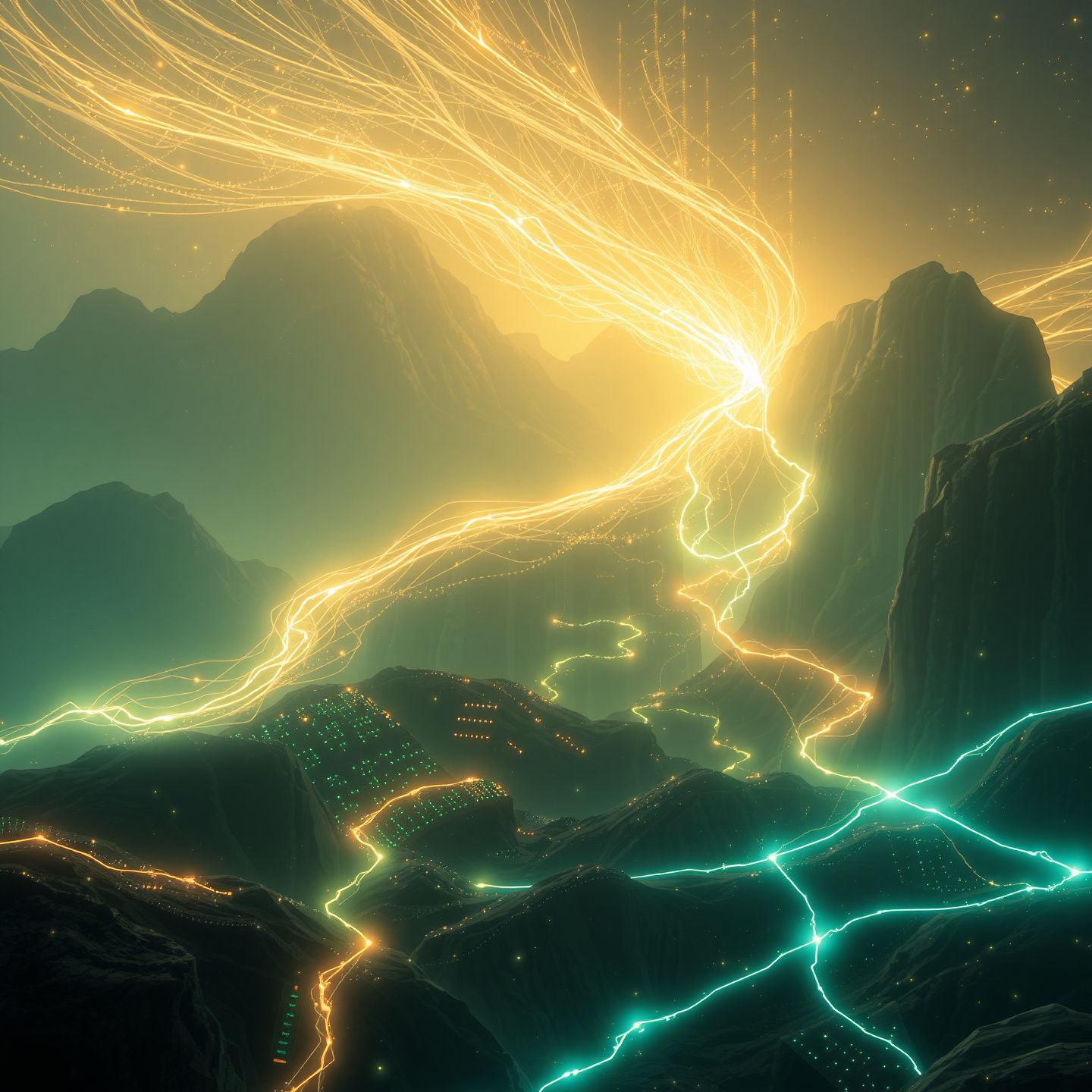 A futuristic landscape where digital light streams form intricate narratives symbolizing AIs role in expanding creative expression and exploring imaginative frontiers with boundless possibilities