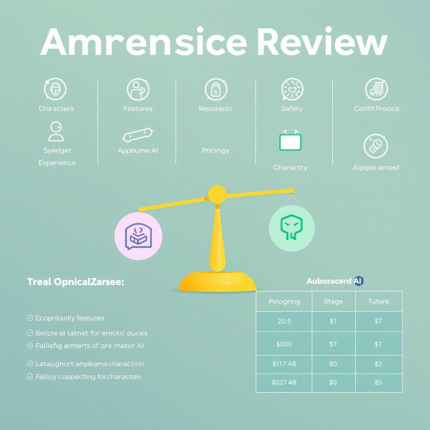 An abstract infographic illustrating a comprehensive review process with icons for features user experience safety privacy pricing and a comparison chart against other AI platforms like Character AI all balanced on a scale