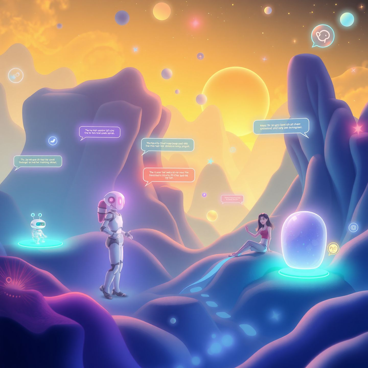 A futuristic digital landscape with glowing AI chatbots and virtual companions interacting with users, representing the evolving world of unrestricted AI chat and the demand for platforms like SpicyChat