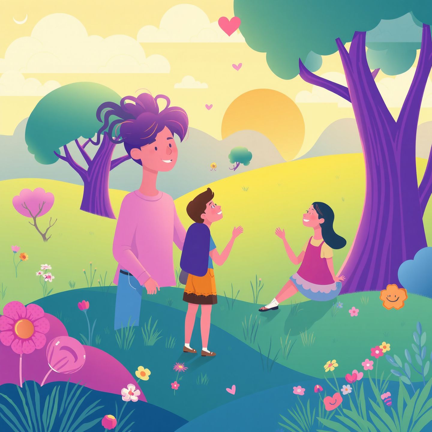 A whimsical illustration of diverse users interacting with highly customizable AI characters in a vibrant digital landscape symbolizing personalized roleplay and unfiltered chat experiences with a touch of romance and creativity