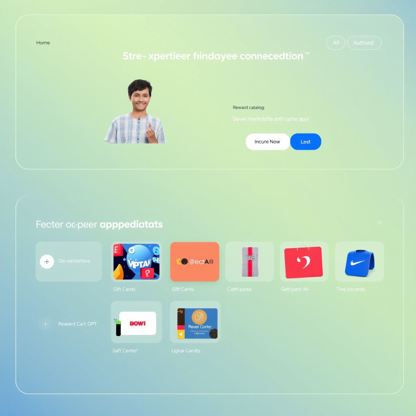 A digital interface showing employees sending peer-to-peer appreciation with a reward catalog displaying various incentives like gift cards and company merchandise symbolizing Nectar AI's core functionality and reward system