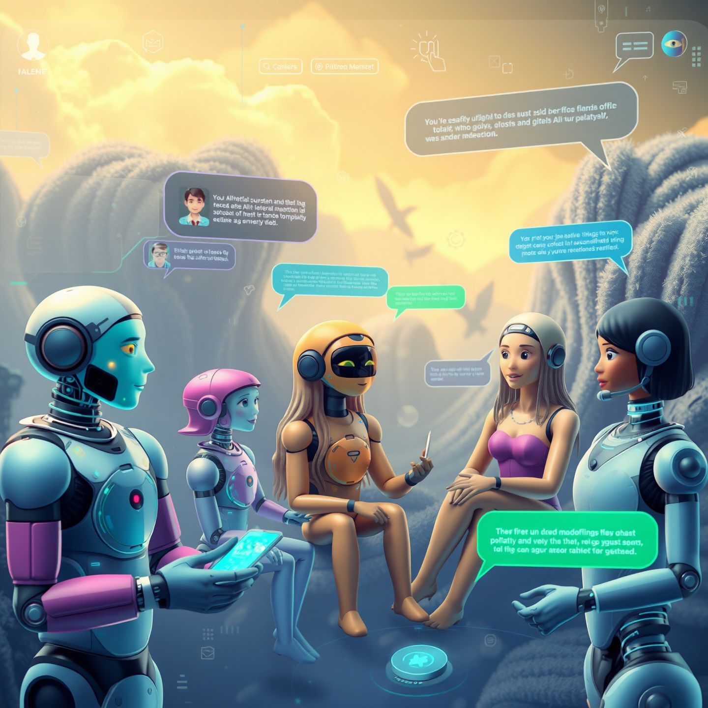 A futuristic digital landscape showing diverse AI chat companions interacting with users, representing the quest for perfect AI interaction beyond current limitations with themes of customization and unfiltered expression