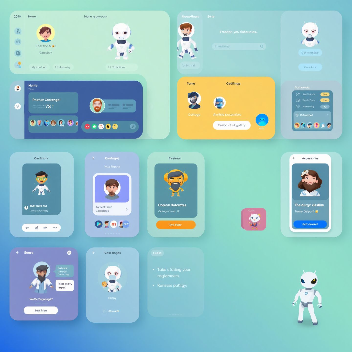 A diverse array of AI chatbot platforms with unique interfaces showcasing character creation tools advanced roleplay scenarios and mobile accessibility for Android and iOS devices symbolizing a dynamic digital marketplace