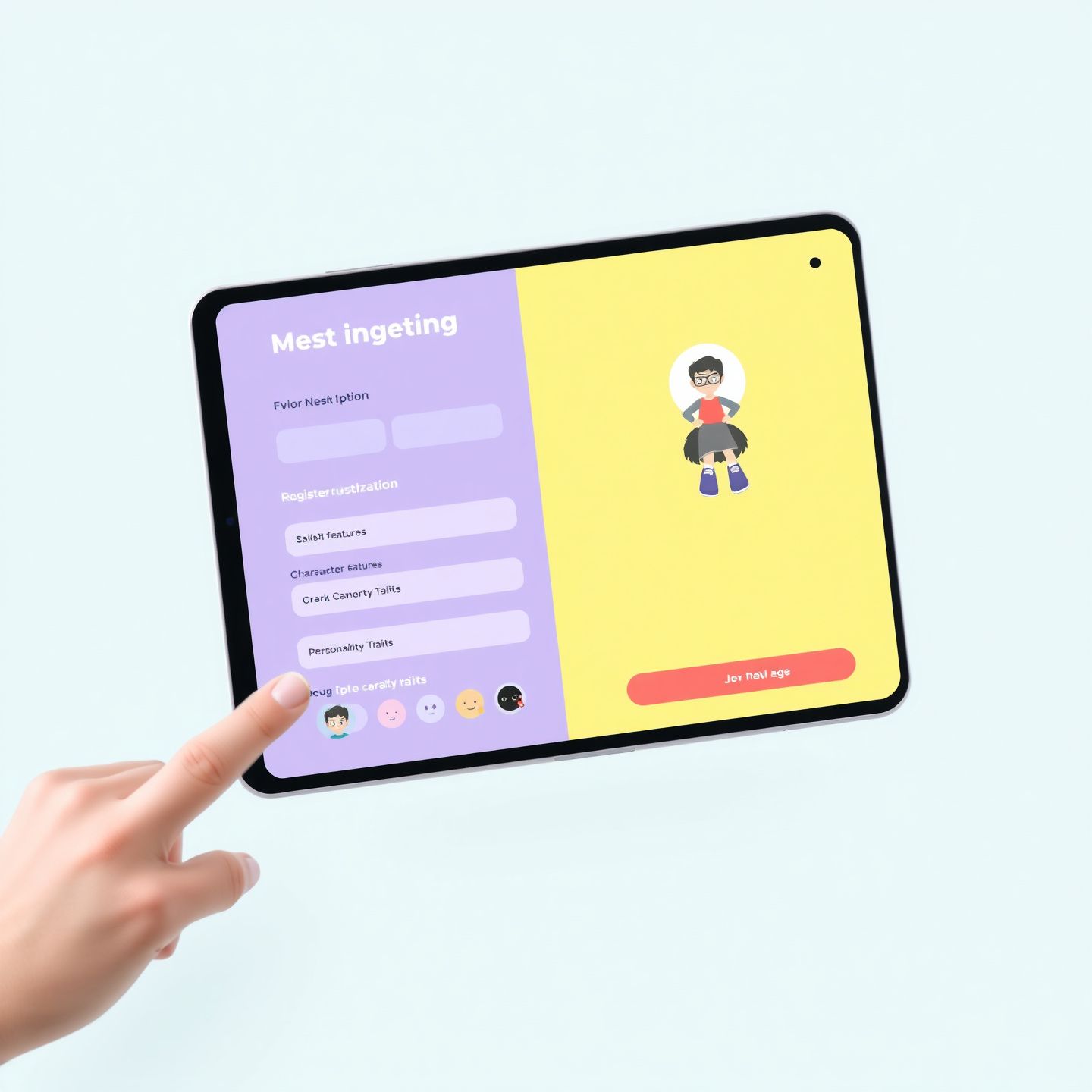 A clean user interface showing a user completing an intuitive onboarding process on a tablet with simple registration steps and immediate access to character customization options like selecting avatar features and personality traits
