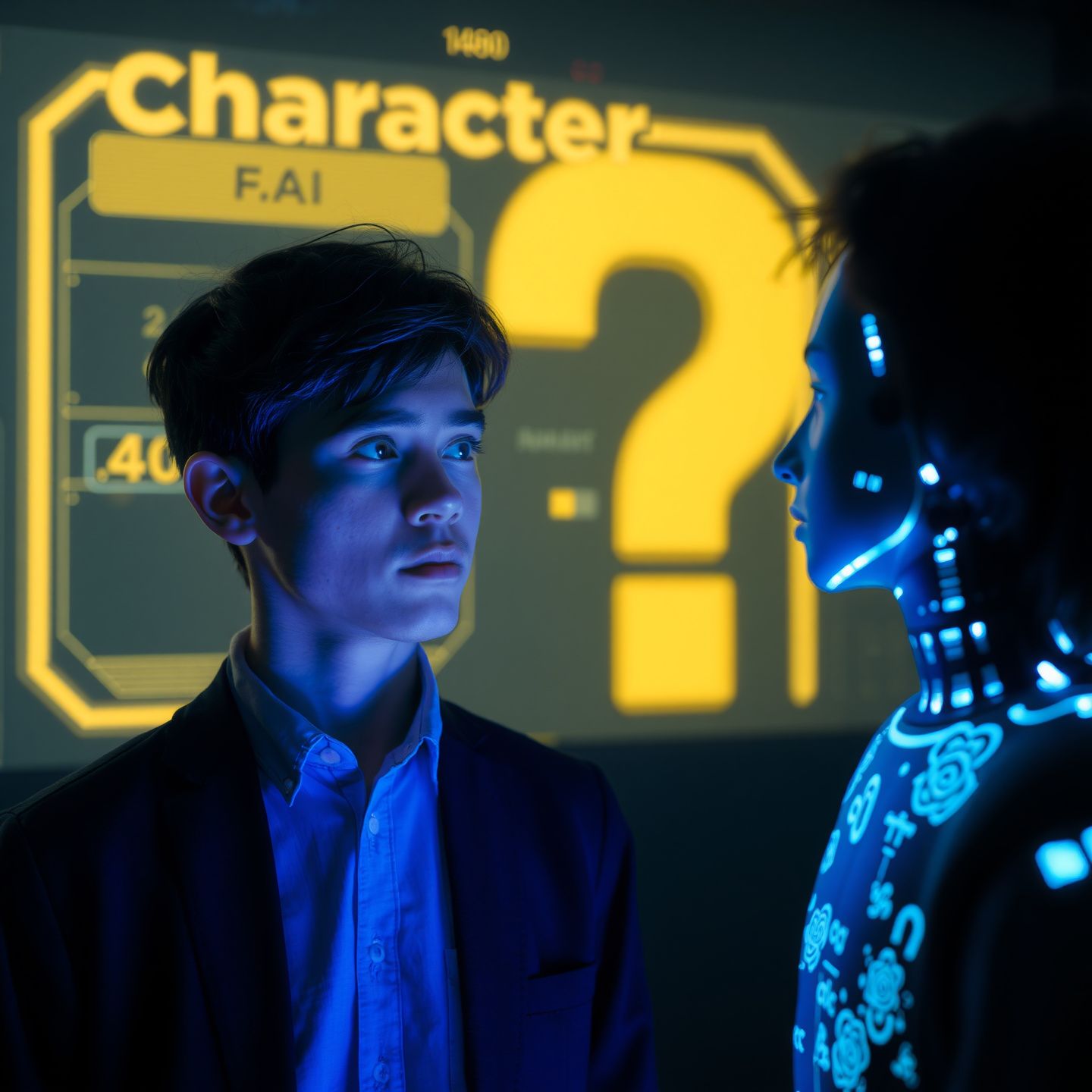 A curious person gazing at a glowing digital interface displaying a lifelike AI character engaged in conversation symbolizing the burning question about Character.AI's reality and human-like interactions in an evolving AI landscape