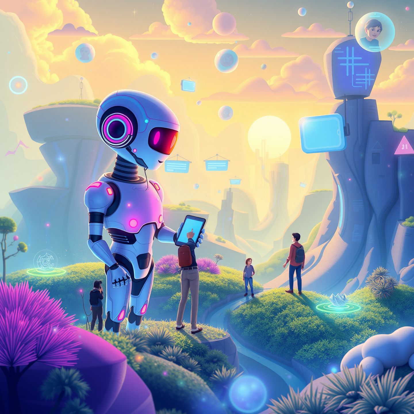 A futuristic digital landscape illustrating AI chatbots and character AI evolving with users seeking personalized interactions and creative exploration a vibrant scene reflecting the tension between user expectations and platform moderation