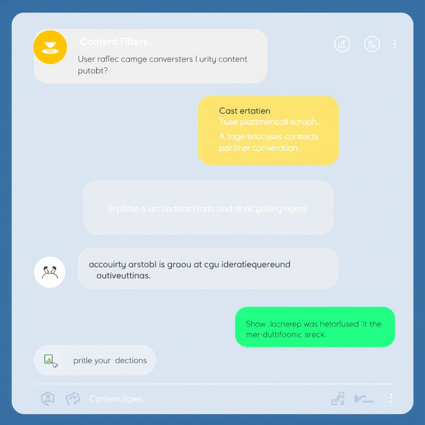 An illustration of content filters on an AI chatbot interface representing Crushon AI's increased moderation and content restrictions automated warnings and blocks appearing during conversations reflecting user frustration and platform safety measures