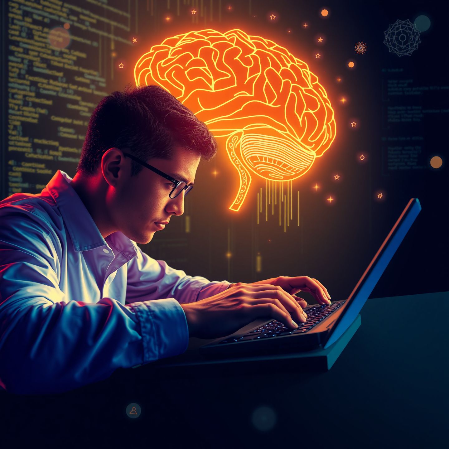 A person typing intently on a keyboard surrounded by floating digital code and abstract AI brain patterns symbolizing advanced prompt engineering and creative problem-solving for AI interaction in a vibrant digital art style