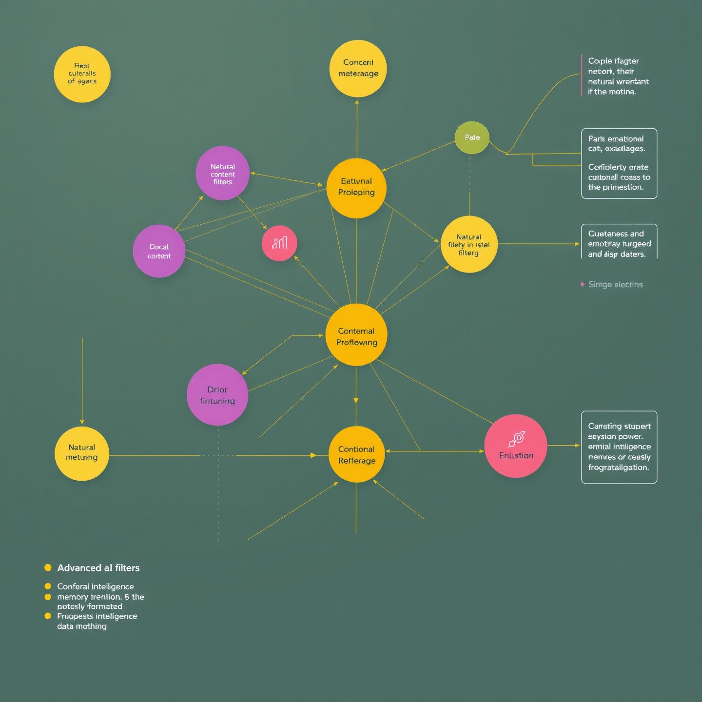An intricate neural network diagram with data flows illustrating advanced AI models bypassing content filters through fine-tuning and natural language processing powering dynamic roleplay memory retention and emotional intelligence simulation