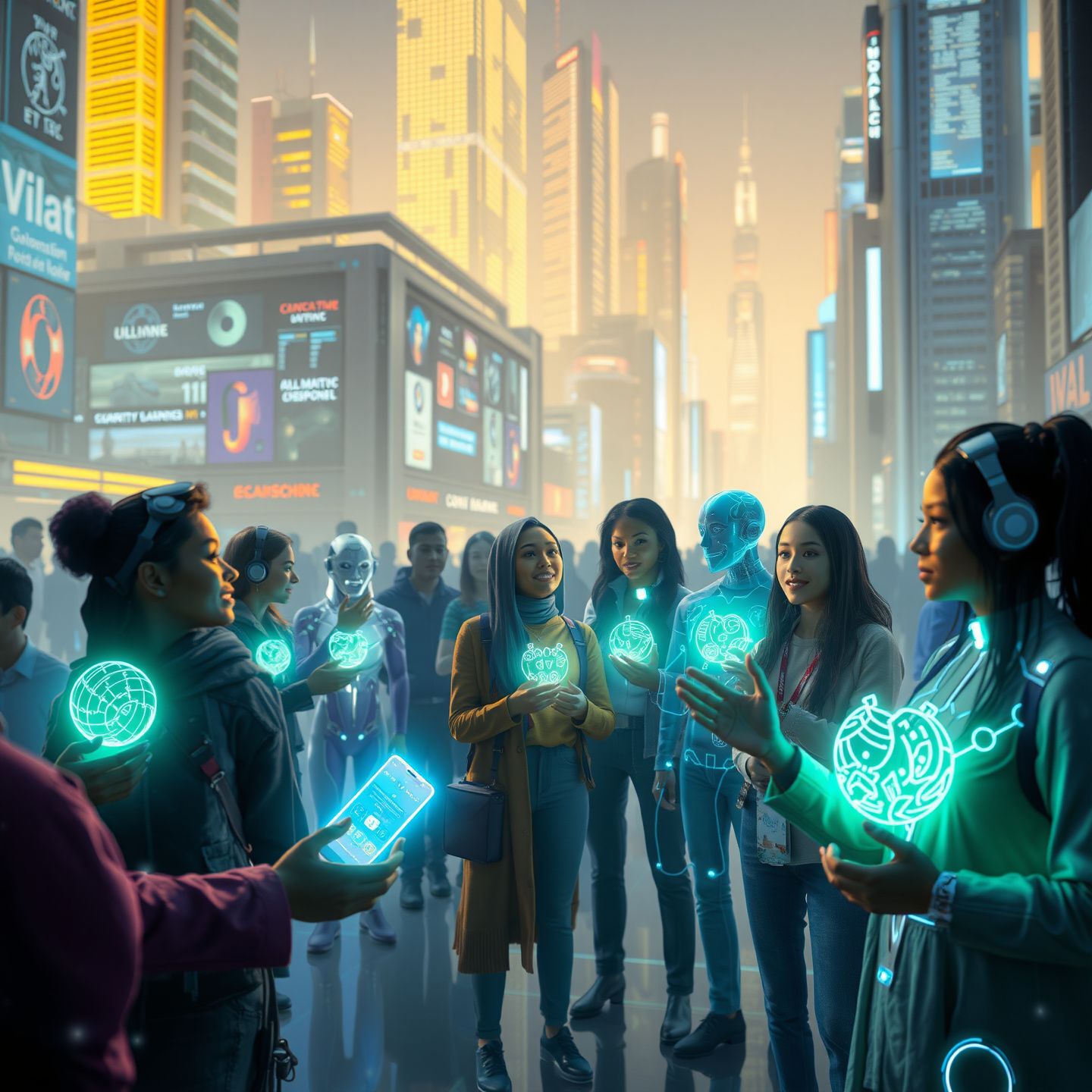 A futuristic scene depicting various diverse individuals interacting with glowing holographic AI companions in a vibrant digital city setting symbolizing connection and escapism through advanced AI technology
