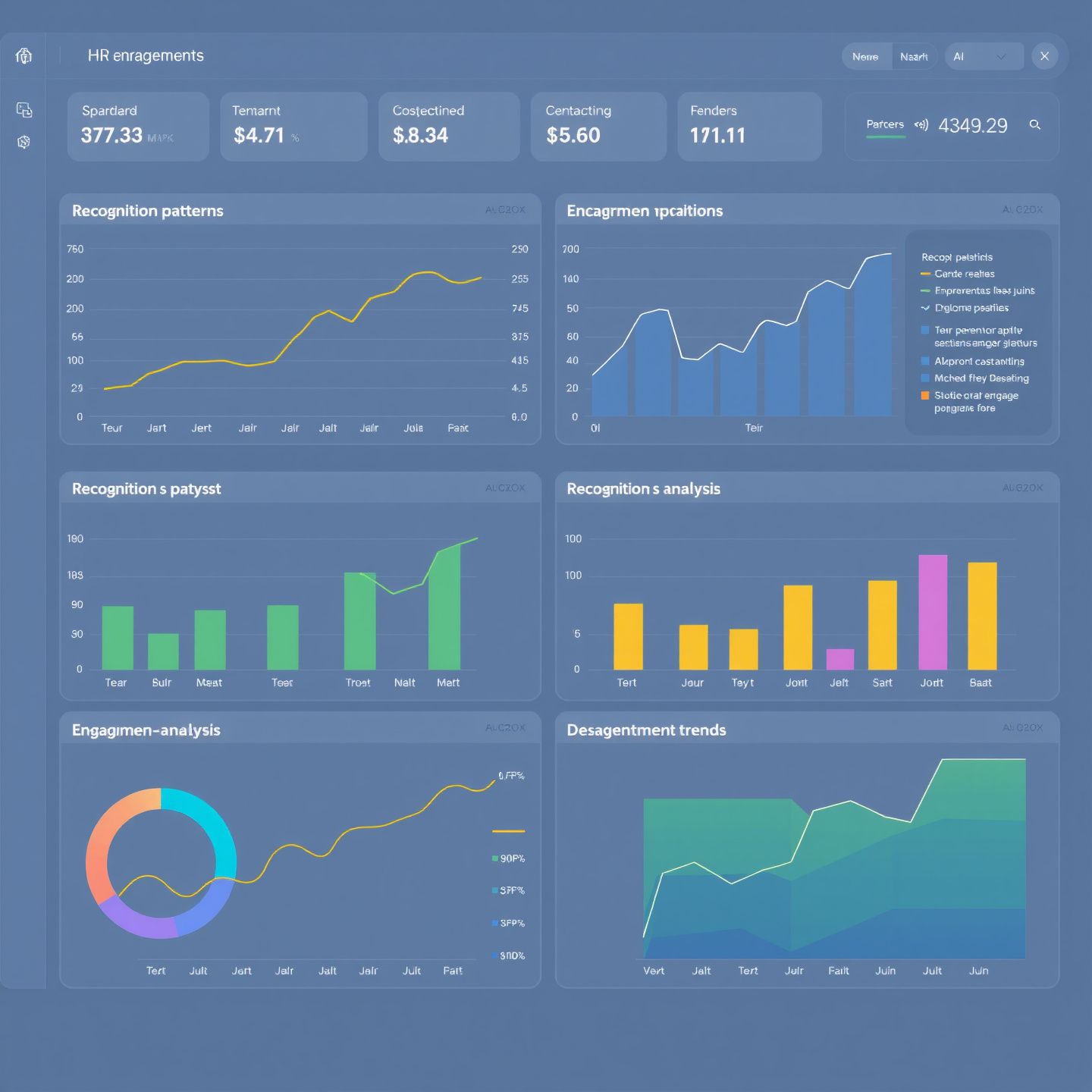 A sophisticated dashboard filled with charts and graphs depicting recognition patterns sentiment analysis and engagement trends powered by AI offering deep analytics and insights for HR professionals through Nectar AI