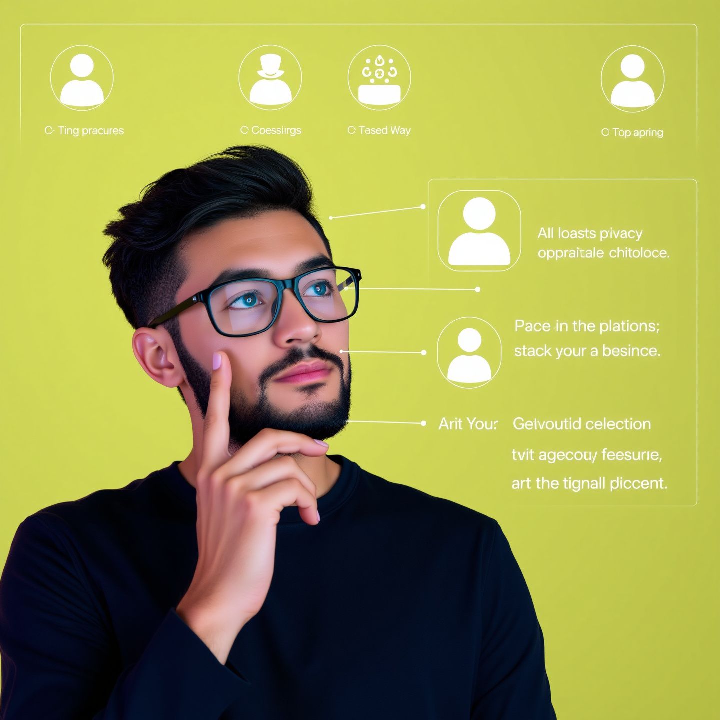 A person thoughtfully interacting with a customizable AI interface symbolizing individual preferences for virtual companions and robust privacy features