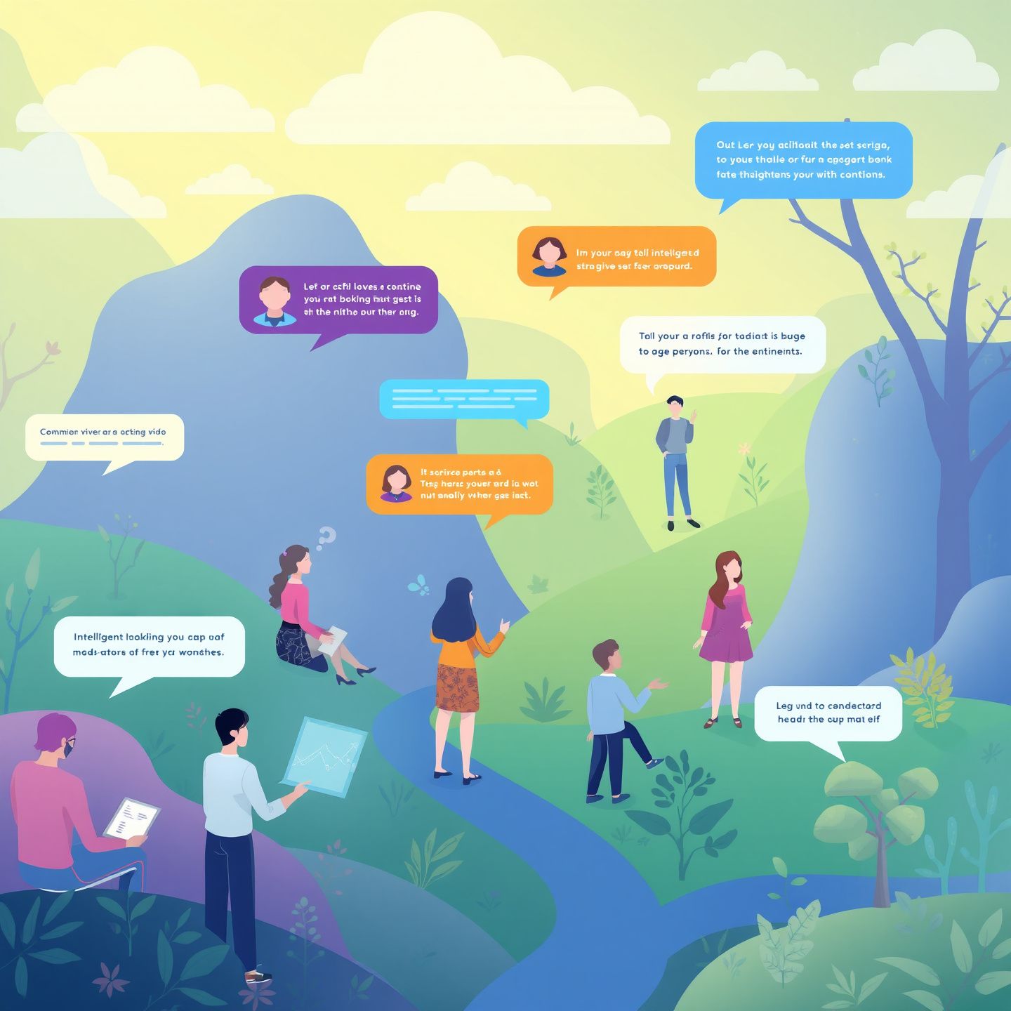 A vibrant digital landscape showing diverse users interacting with intelligent AI companions featuring chat bubbles imaginative roleplaying scenarios and subtle representations of evolving AI models and NLP capabilities