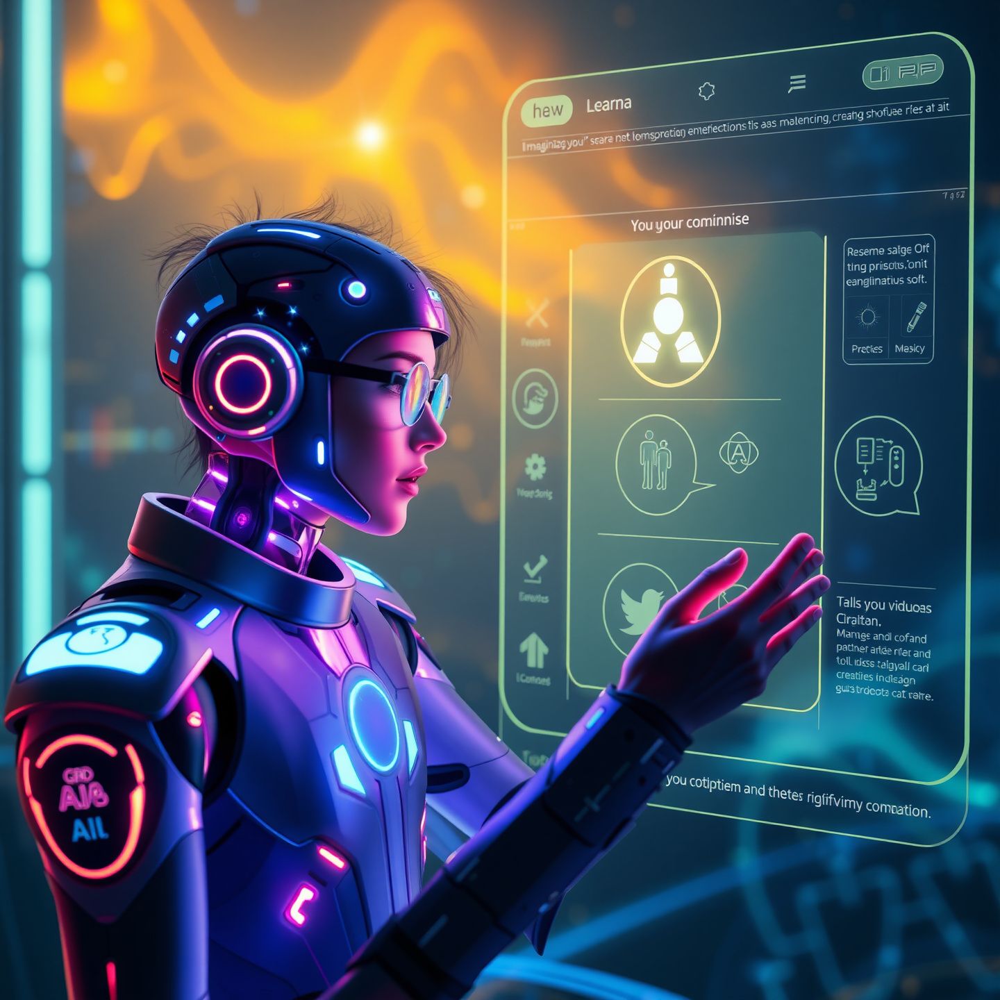 A futuristic user interacting with a glowing AI companion interface representing imaginative role playing and personalized conversation with diverse customization options and creative tools in a vibrant digital landscape