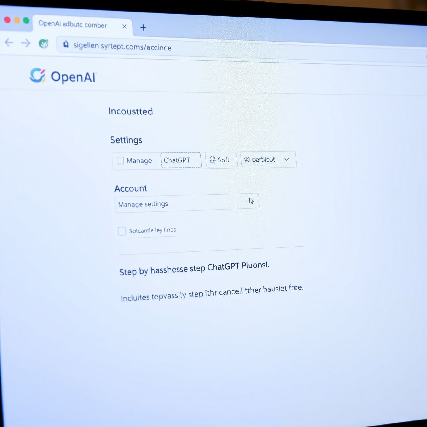 A desktop computer screen displaying the OpenAI website interface with a mouse cursor hovering over account settings for managing a ChatGPT Plus subscription highlighting intuitive step by step instructions for hassle free cancellation