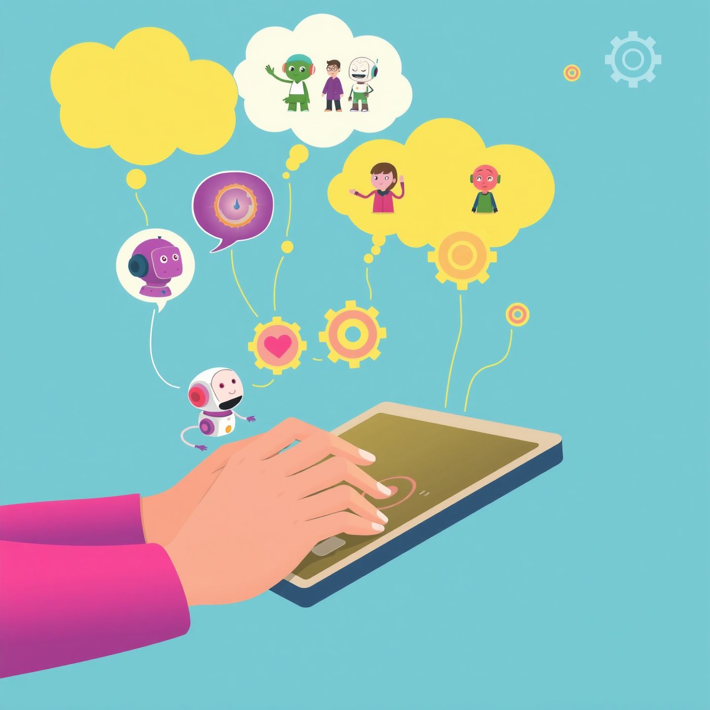 A whimsical illustration of a person typing into a device with thought bubbles showing diverse AI characters responding powered by glowing gears and data streams emphasizing the AI chatbot mechanism and data processing