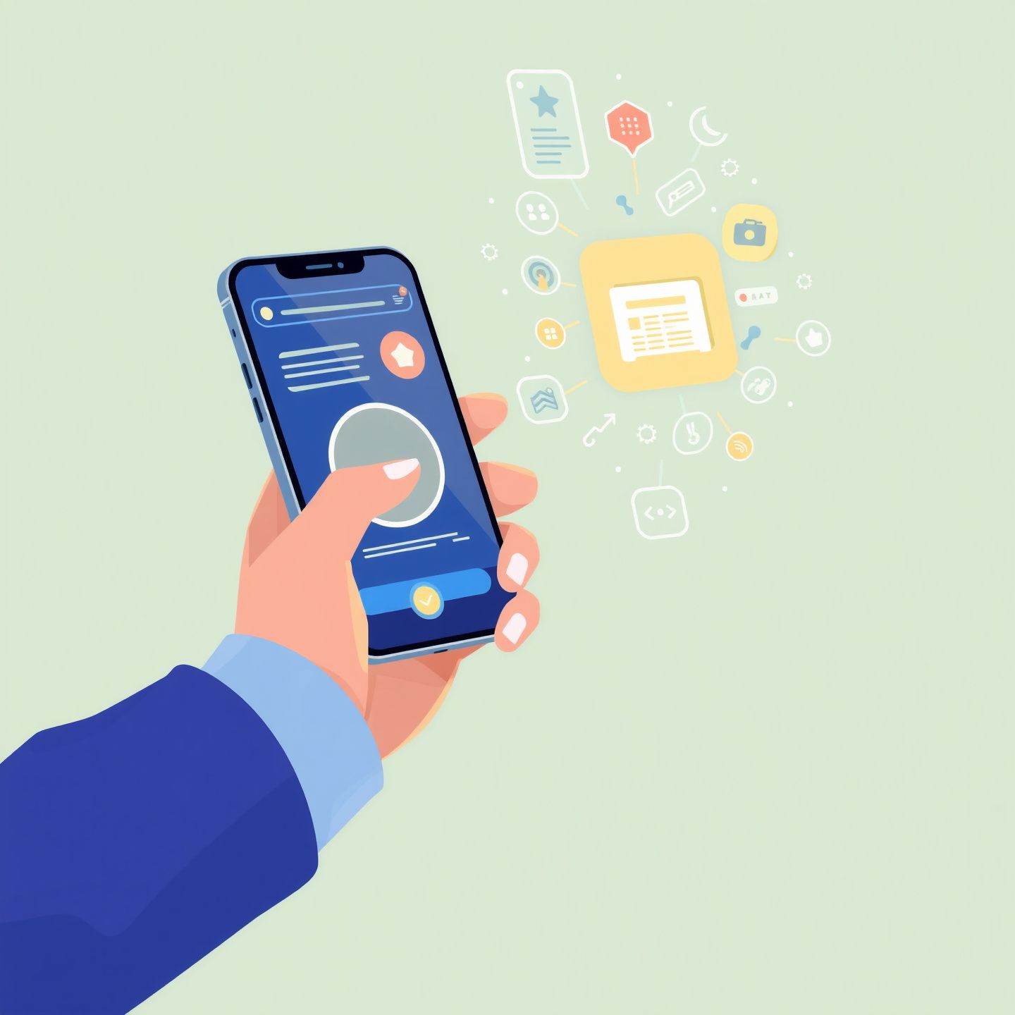 A stylized illustration showing a user's hand holding a smartphone displaying an AI companion interface with abstract visual content suggestions emanating from the screen representing personalized interaction and advanced AI models