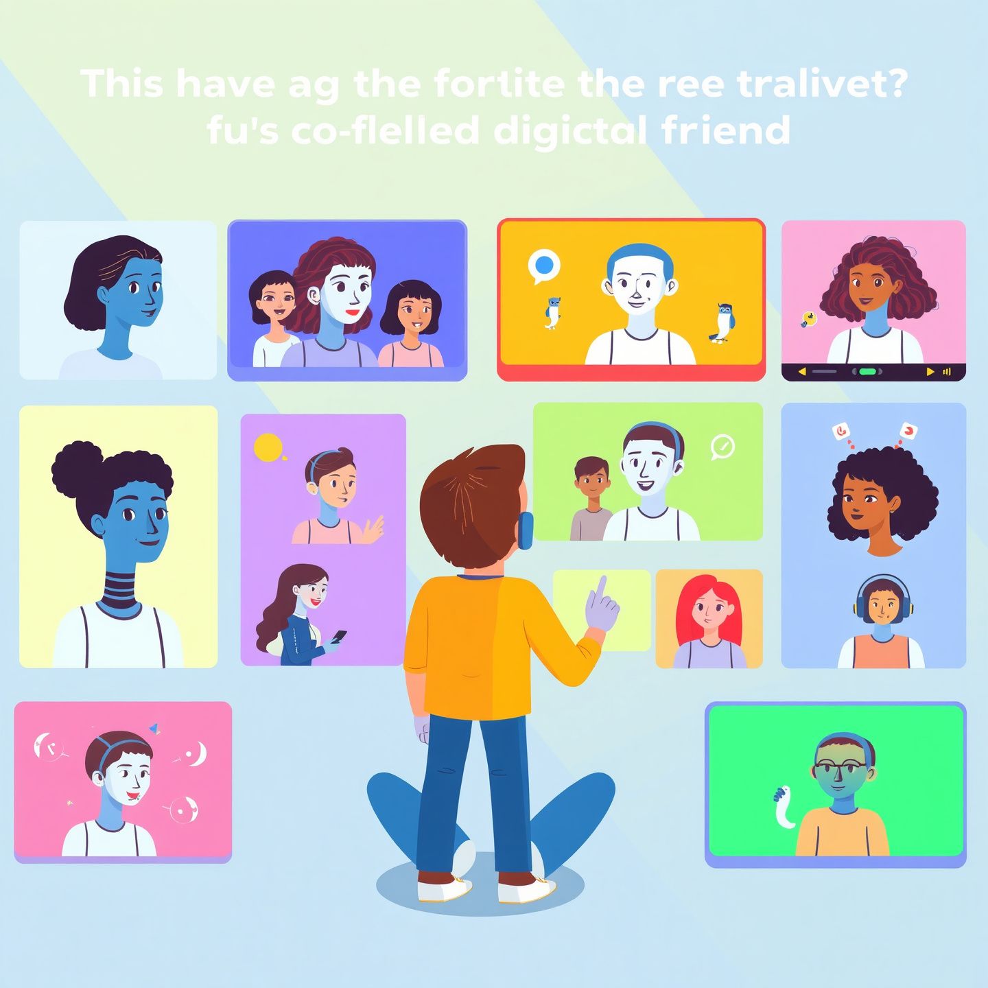 A vibrant illustration depicting a user interacting with multiple diverse AI companions on various digital screens representing an engaging quest for the perfect personalized and unfiltered digital friend with advanced customization options