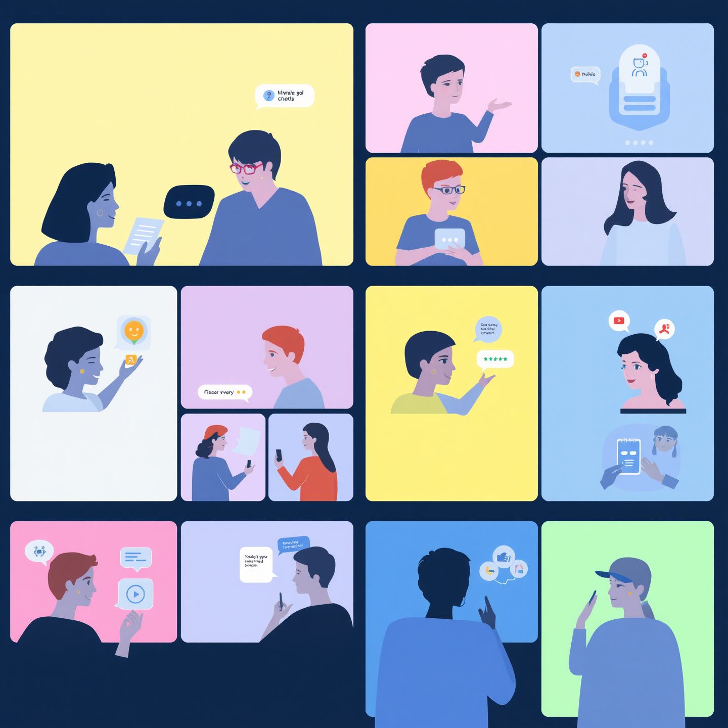 A diverse group of users interacting with various AI interfaces on screens illustrating personalized and unrestricted AI chatbot experiences reflecting desires for customization freedom and diverse companion interactions in a vibrant digital landscape