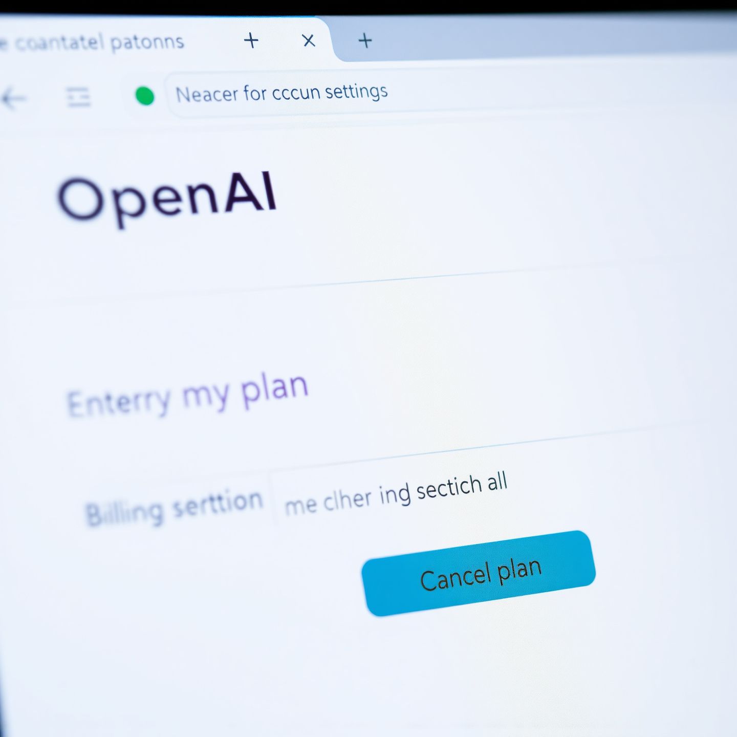 A close up view of a web browser displaying the OpenAI account settings showing a user logging in accessing their profile icon clicking on my plan to enter the billing portal and locating a prominent cancel plan button for subscription termination