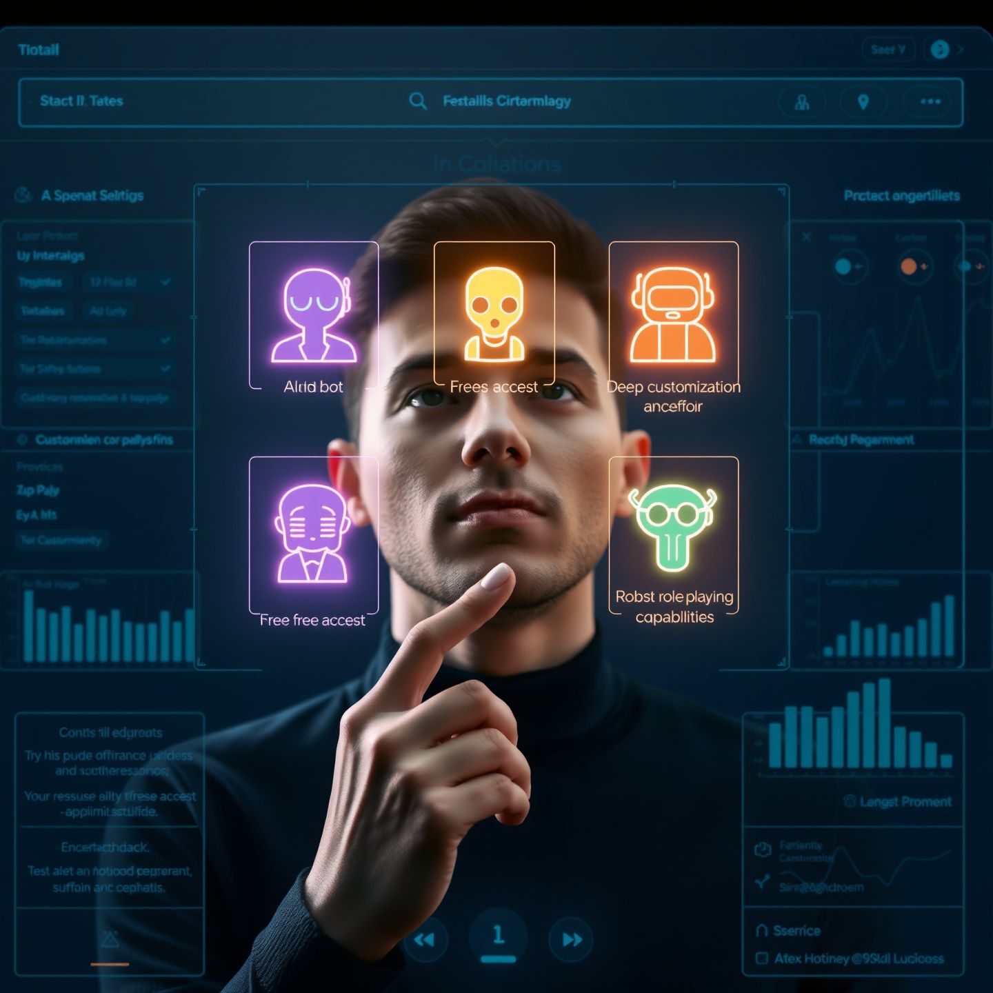 A person thoughtfully choosing between different glowing holographic AI chatbot icons each representing distinct features like deep customization free access or robust role-playing capabilities on a sleek futuristic interface surrounded by various data points