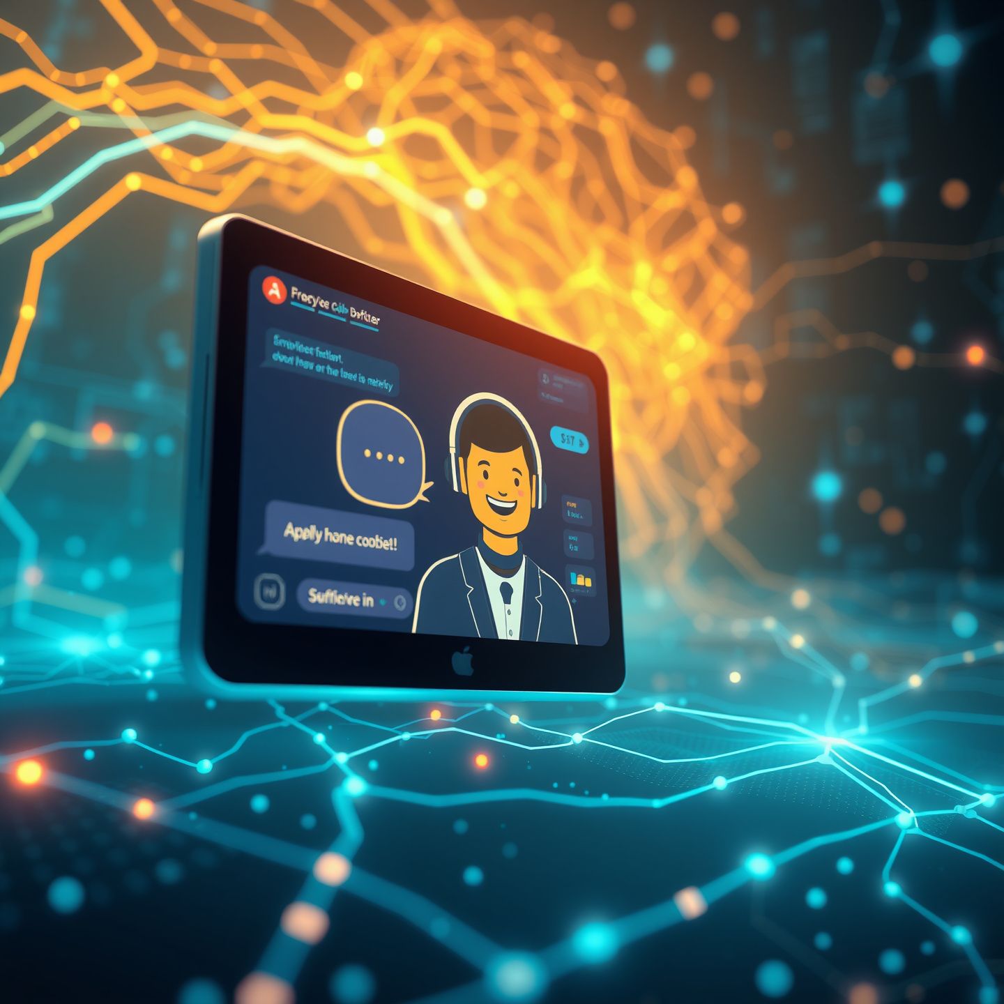 A futuristic digital landscape with a friendly AI companion avatar interacting with a user on a screen surrounded by data streams and glowing neural networks representing the evolving world of AI chatbots and virtual relationships