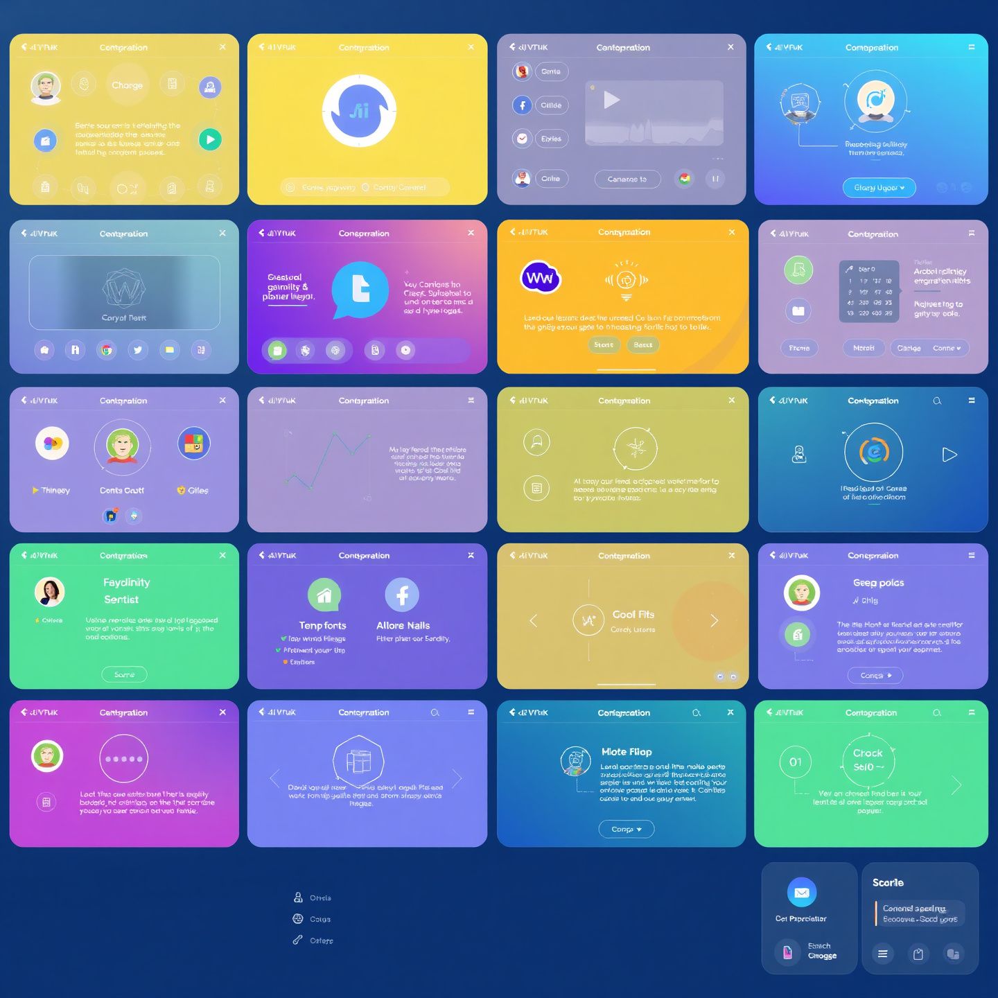 A vibrant mosaic of distinct AI companion interfaces each showcasing unique blend of sophistication customization and content flexibility for diverse user preferences