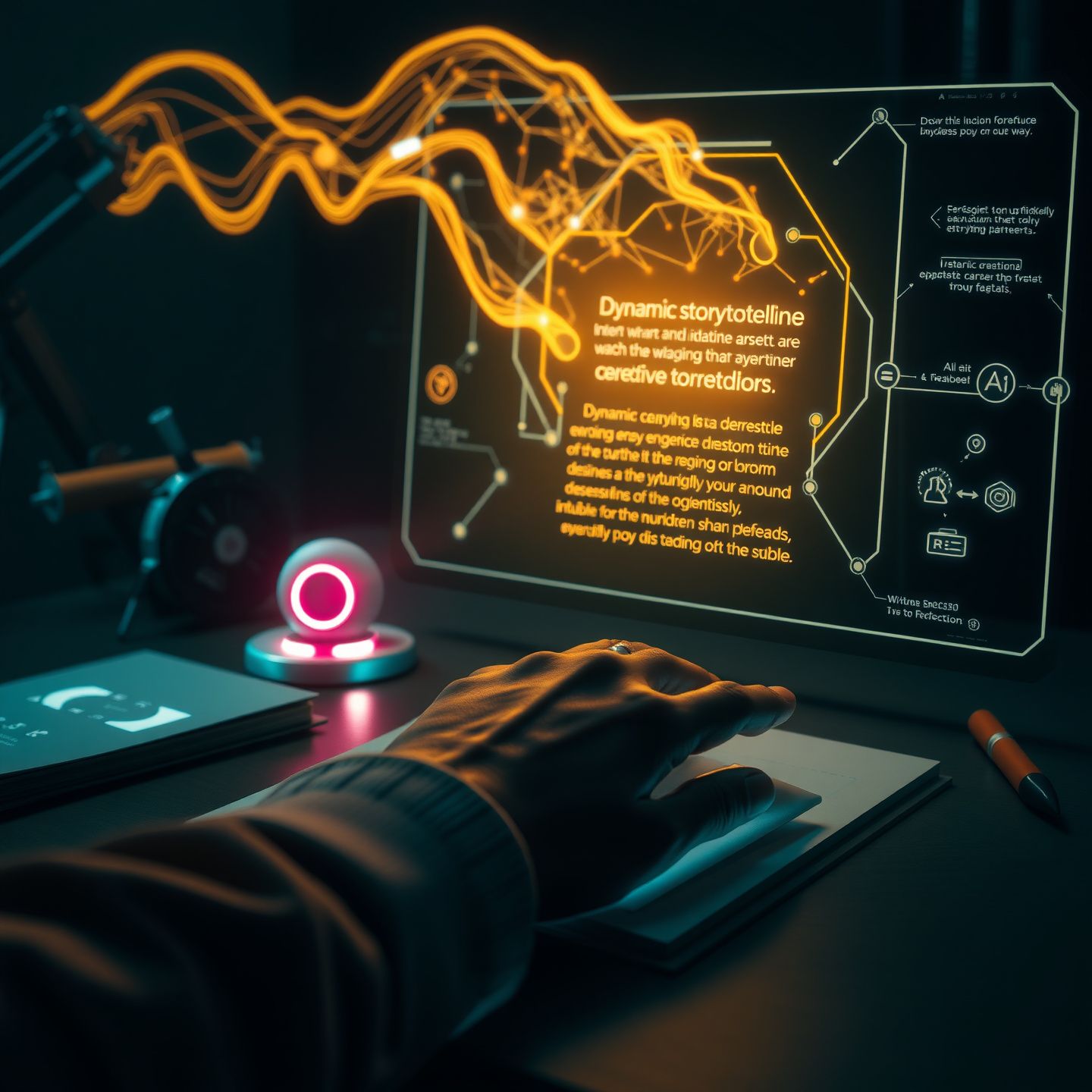 A futuristic writer's desk with a glowing AI interface displaying dynamic storytelling elements and a human hand interacting with an evolving narrative representing digital creative freedom