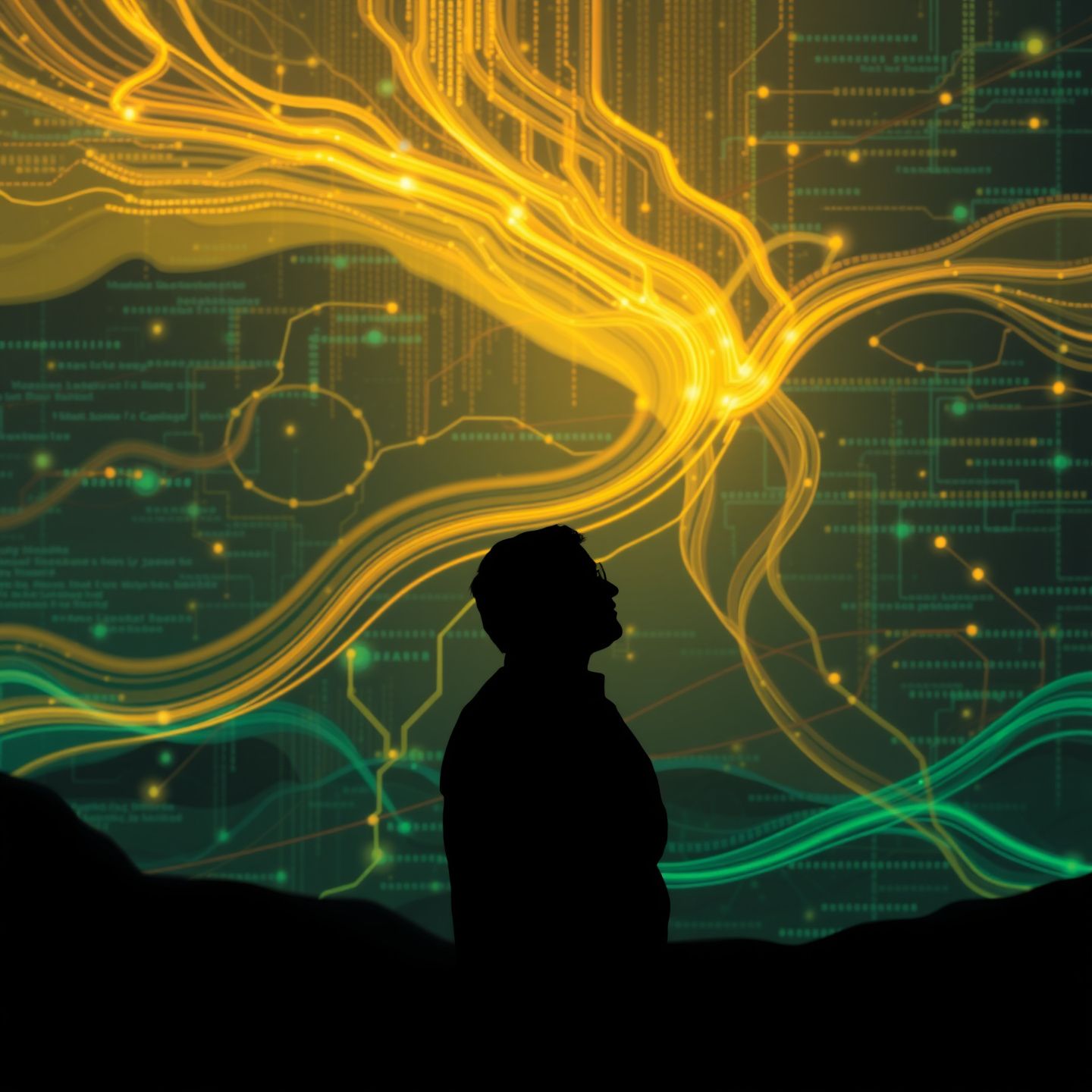 An abstract digital landscape showing data streams passing through intricate filtering mechanisms with a silhouette of a person contemplating in the foreground representing thoughtful interaction with AI systems