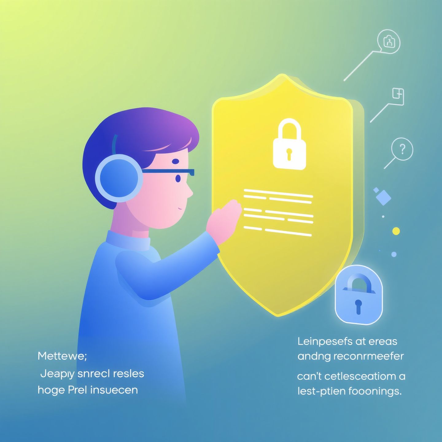 An abstract illustration showing a digital shield protecting younger users interacting with an AI interface with clear policy documents and a lock icon emphasizing new age restrictions and content safety measures