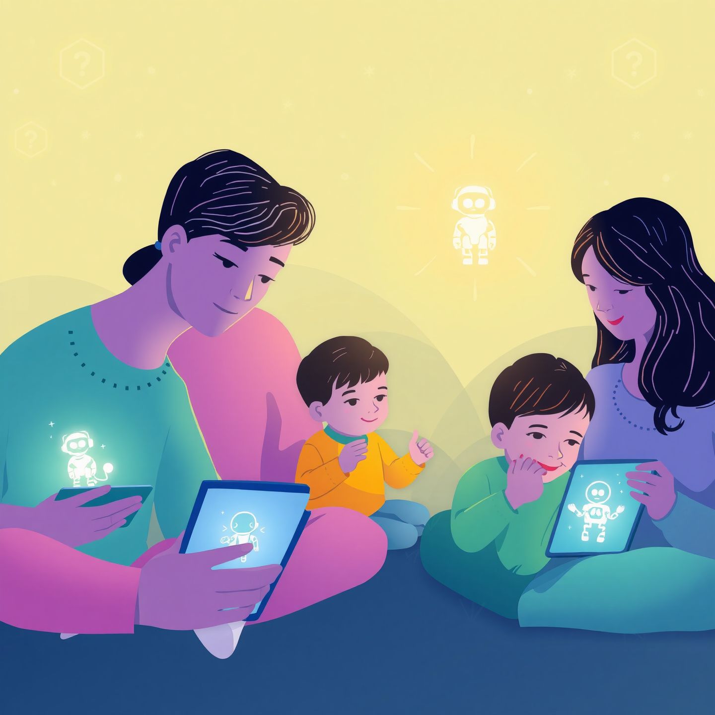 An illustration of a diverse group of users parents and children interacting with glowing AI characters on various devices in a safe digital landscape with a subtle question mark symbolizing safety concerns